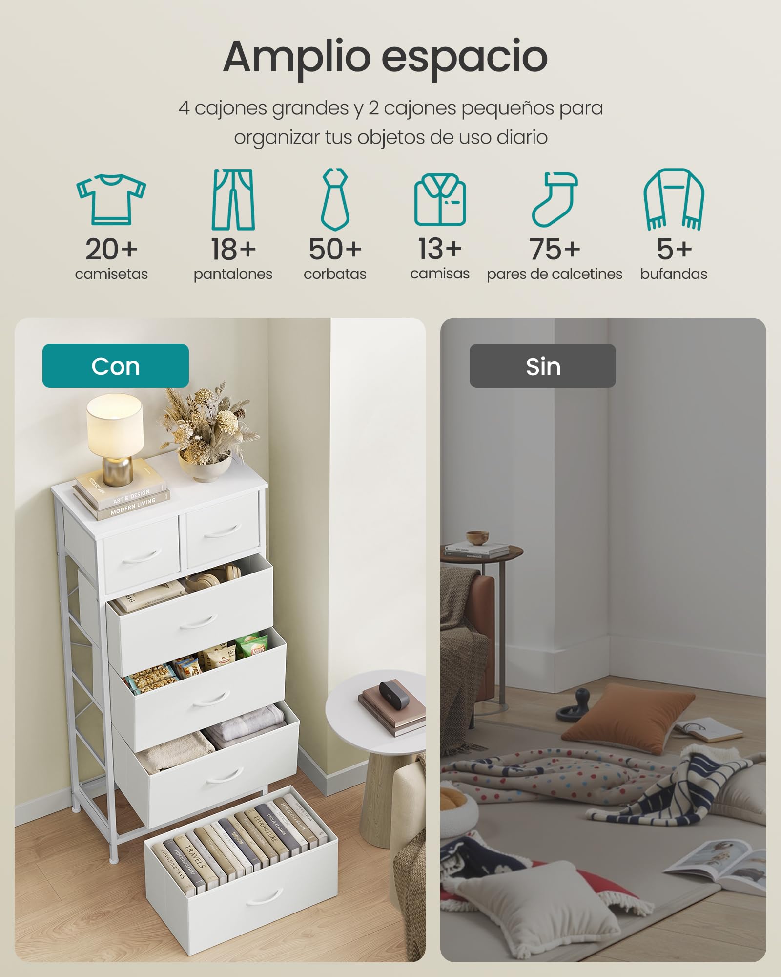 SONGMICS Cómoda con 6 Cajones de Tela, Mueble Organizador con Estructura de Acero, 50,6 x 30 x 117,7 cm, para Dormitorio, Salón, Pasillo, Blanco Nieve, Colección BELLAH LGS541W101