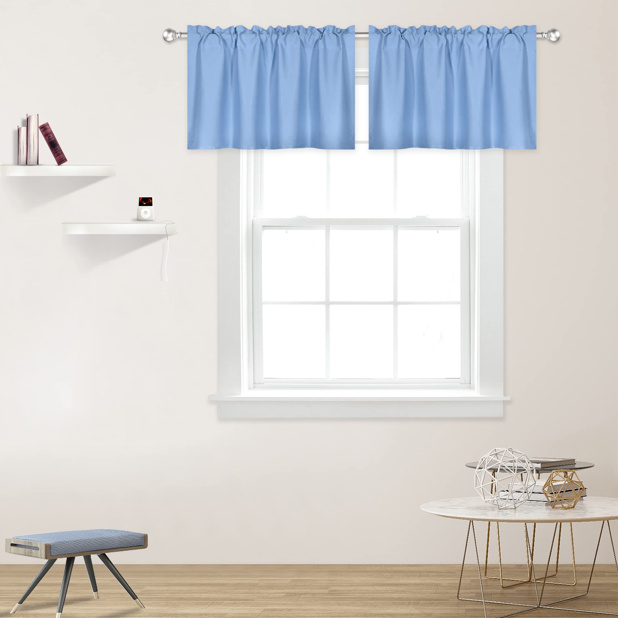 DECOVSUN Sky Blue Valance 2 Panels for Windows 42x18 Inch Thermal Insulated Blackout Rod Pocket Kitchen Short Curtain Toppers Valance for Bathroom