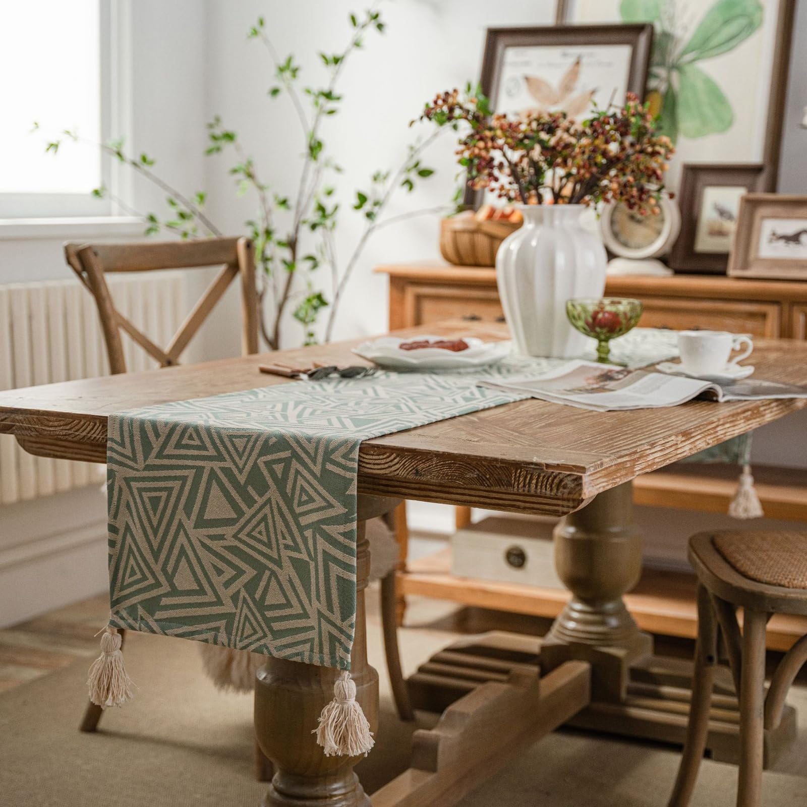 Runner da Tavolo Poliestere Cotone 33x350 cm, Runner da Tavola Moderno Lavabile Motivo Triangolo Jacquard con Nappe Decorazioni per Tavolino da Compleanni Matrimoni, Verde