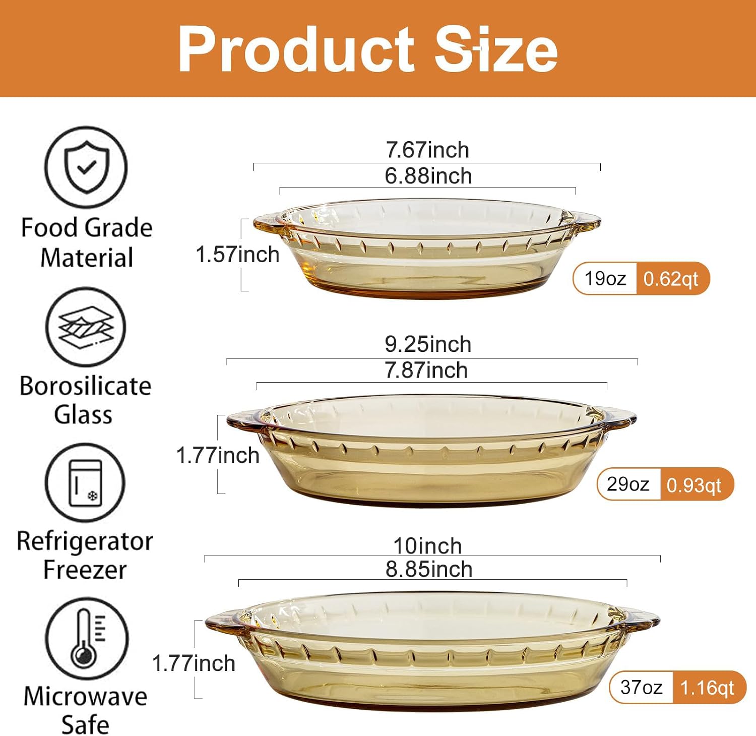 Glass Pie Pan for Baking, Round Glass Baking Dish (Amber 3PCS)