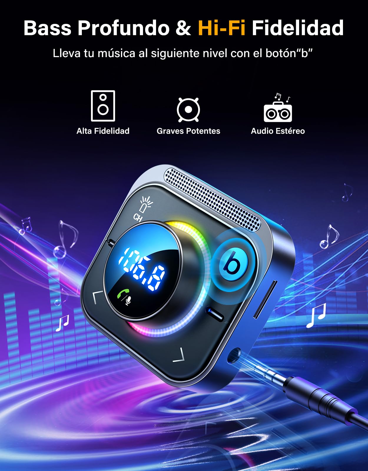 JOYROOM 96W Transmisor FM Bluetooth Coche,【60W PD & Dual 18W QC 3.0】【Bass Profundo & Hi-Fi】 Adaptador Bluetooth5.4 Coche Manos Libres Bluetooth & Aux & Tarjeta TF