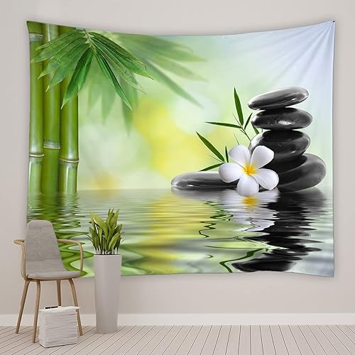 Miniatura 1 de Tapiz de jardín zen, spa, bambú verde, piedra negra, flor blanca, patrón de paisaje, sala de estar, dormitorio, decoración de telón de fondo,
