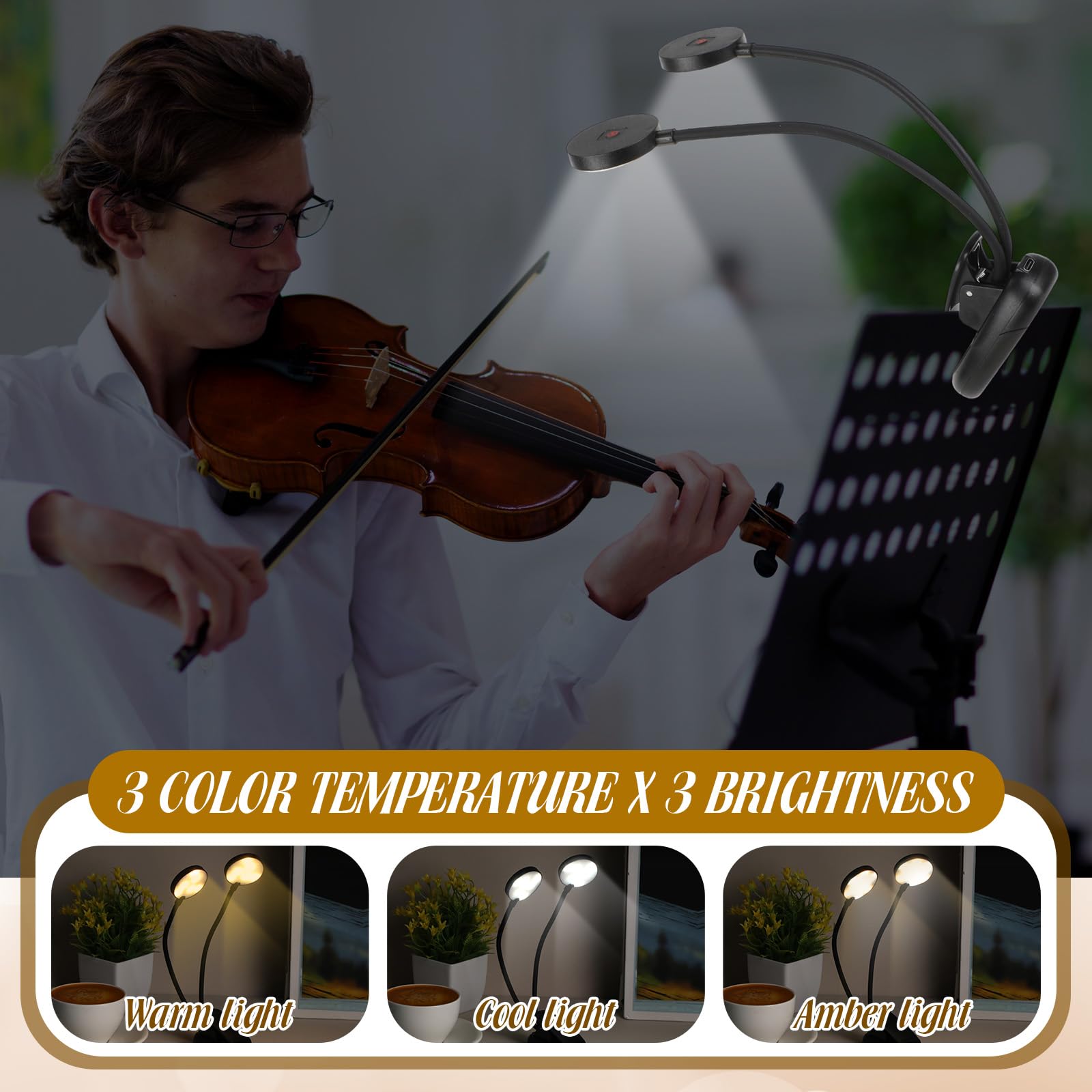 Retisee Notenständer-Lichter, Klavier zum Anklemmen, USB- und AAA-Batteriebetrieb, Doppelkopf-LED-Leselampen, 3 Helligkeitsstufen für Musiker, Klavier, Orchester, Gitarre, 6 Stück