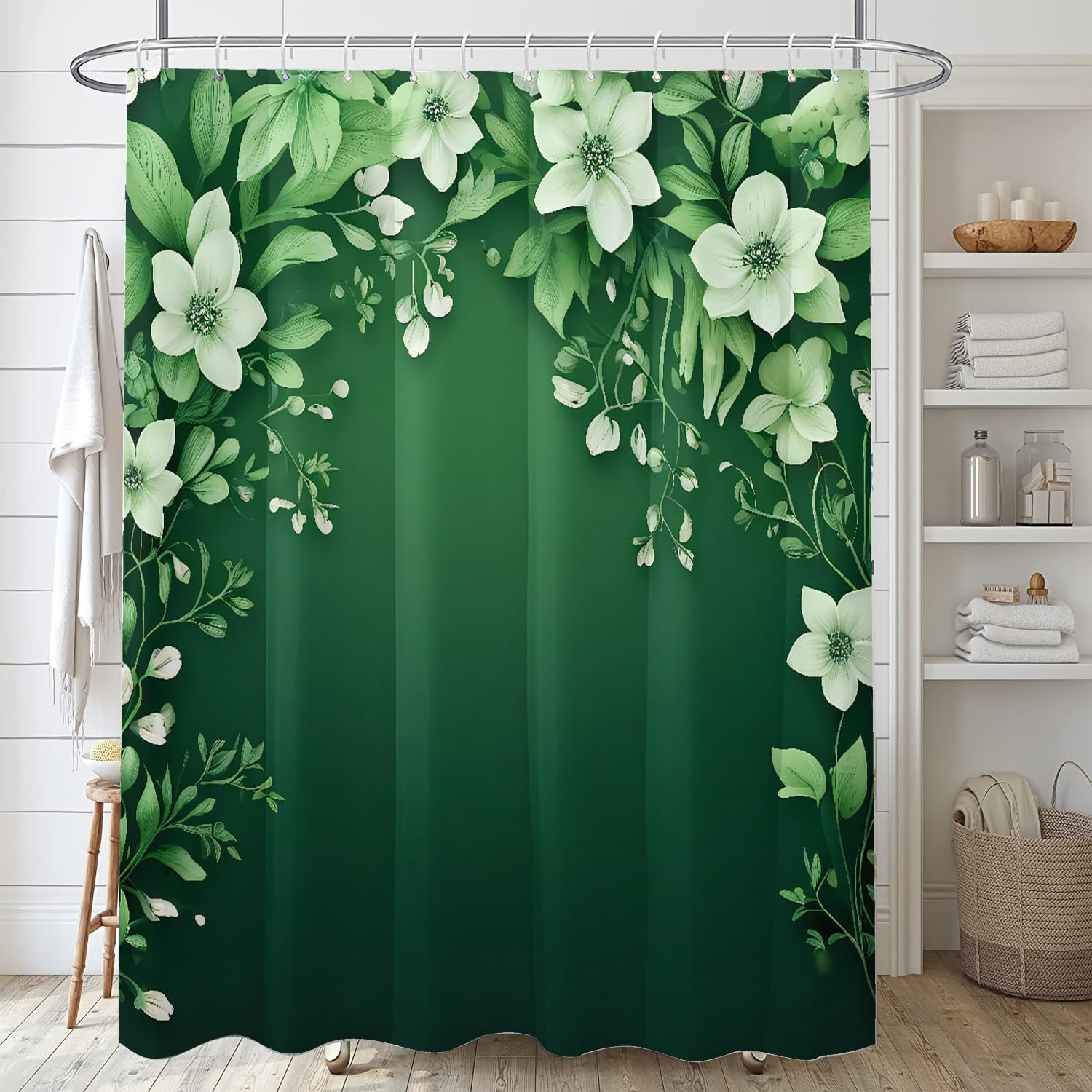GLWDMB 1 Piece 90x180CM Green Floral Printed Shower Curtain With Hook, Polyester, for Windows And Walls, Bathtub, Bathroom, Machine Washable, All Season Universal