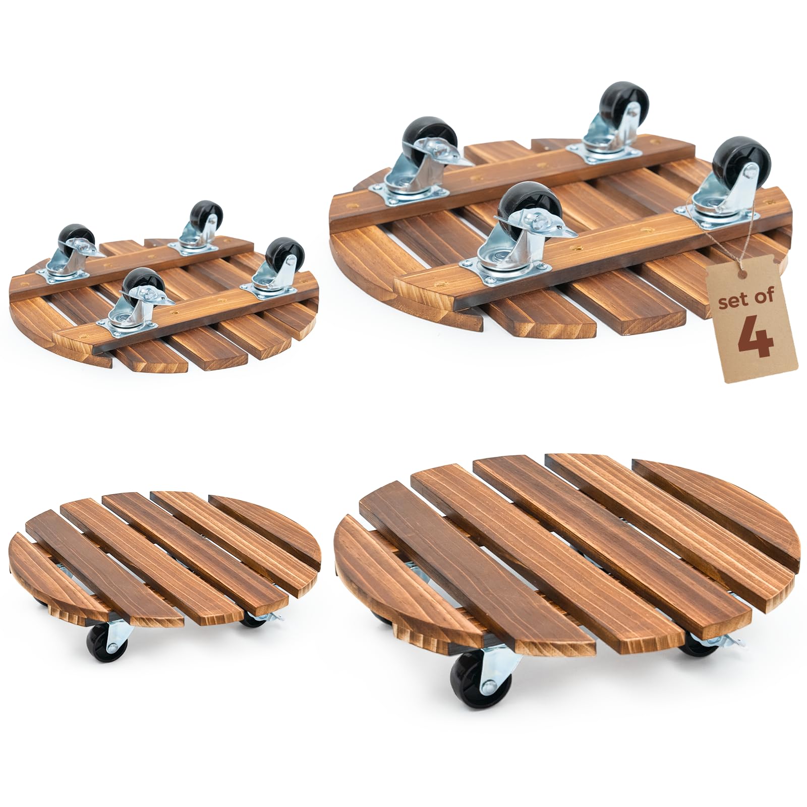 Bamworld Plant Trolley Heavy Duty Plant Caddy with Wheels 4 pack 12 Inch Rolling Plant Stand with 360 Swivel Lockable Casters for Heavy Duty Plant Pots Indoor Outdoor Dark Brown