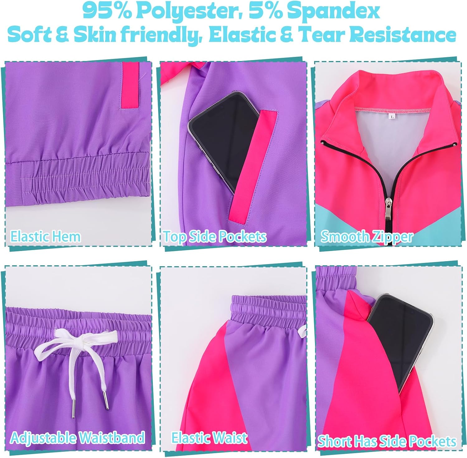 Women's 80s 90s Color Block Outfit | 2 Piece Short Sleeve Windbreaker Tracksuit Set Costume Zip Up