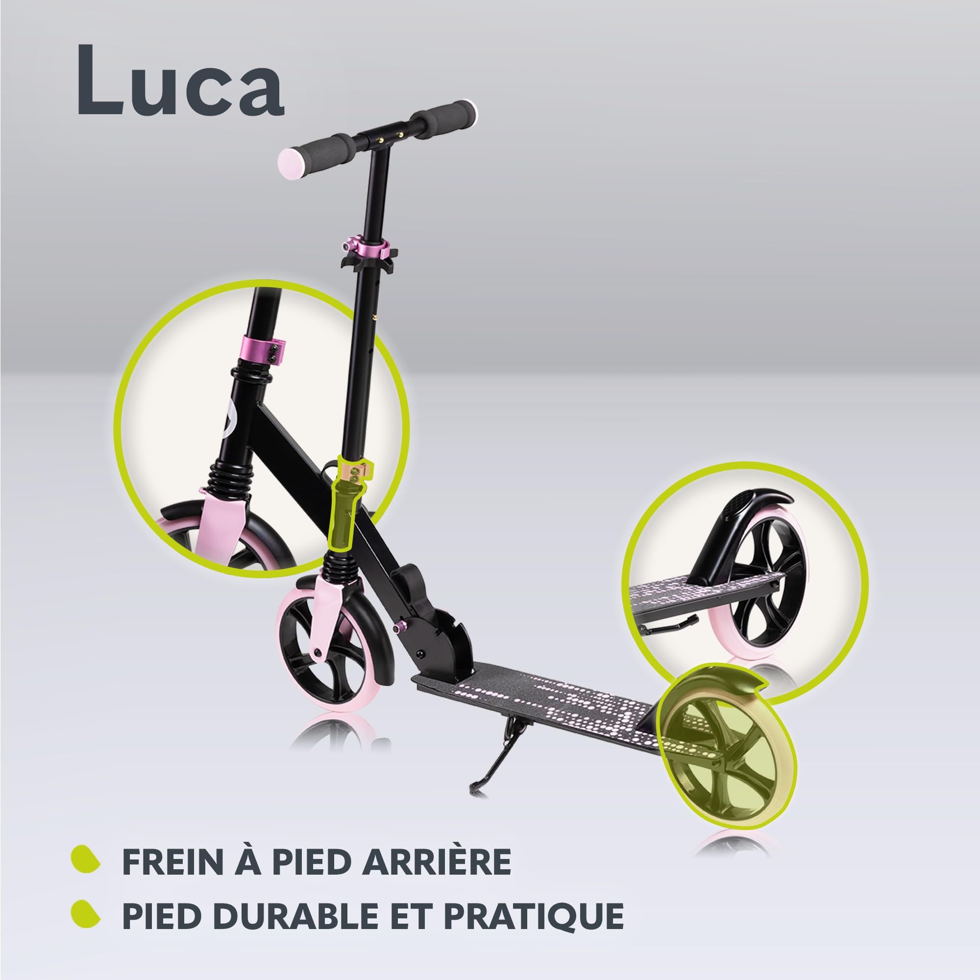 LIONELO LUCA trotinette Enfant et Adultes jusqu'à 100 kg, Construction Durable, Pliage, Rapide, Guidon Ajustable, Roues à 20 cm, Amortisseur ShockResist Frein (Noir)