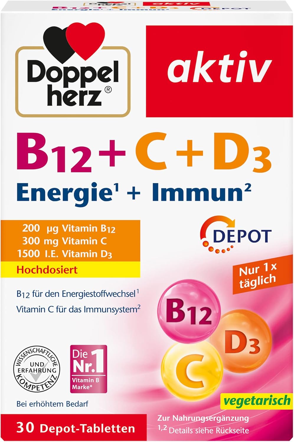 Doppelherz B12 + C + D3 Depot – vitamine B12, C en D ondersteunen een normale werking van het immuunsysteem – 30 vegetarische tabletten