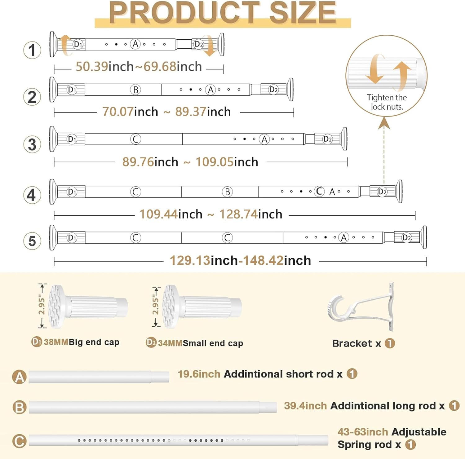 Tension Curtain Rod 51-148inches,White Heavy Duty Curtain Rods No Drilling,Shower Curtain Rods Spring Tension Long Outdoor Curtain Rod for Bathroom,Patio