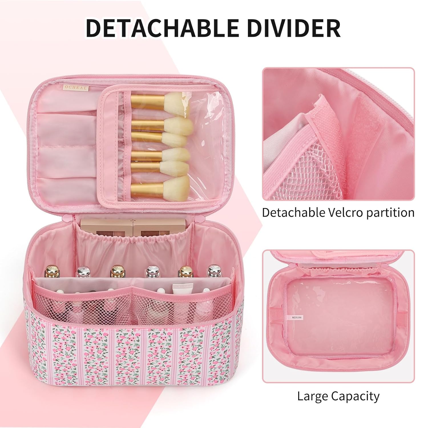 OCHEAL Makeup Bag for Women - Travel Cosmetic Organizer with Brush Slot & Divider, Large Capacity Toiletry Bag for Girls, Travel Makeup Case for everyday Make up Accessories -Pink Floral - Image 4