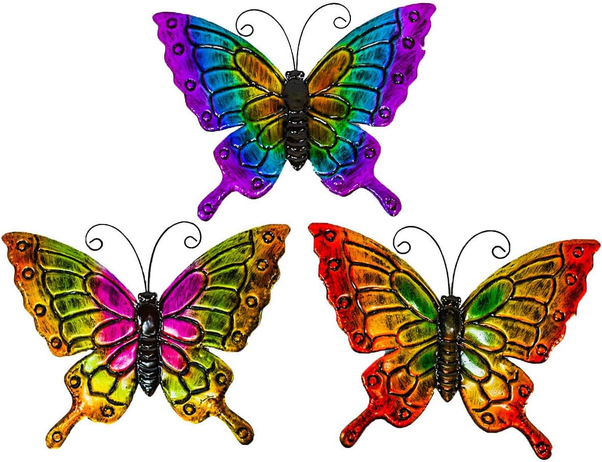 D.I.D. Butterfly Nature Inspired Colorful Metal Iron Garden Decor Wall Yard Art Sculptures For Indoor Outdoor Set of 3 (16 x 12)