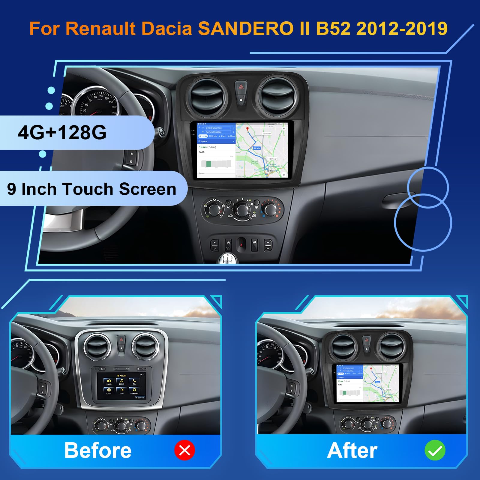 Android 15, 4G+128G GOHHDL Radio Coche Navi para Renault Dacia SANDERO II B52 2012-2019 con Carplay Android Auto, Radio para Coche de 9 Pulgadas con GPS WiFi Bluetooth FM/RDS EQ SWC Cámara&Mic