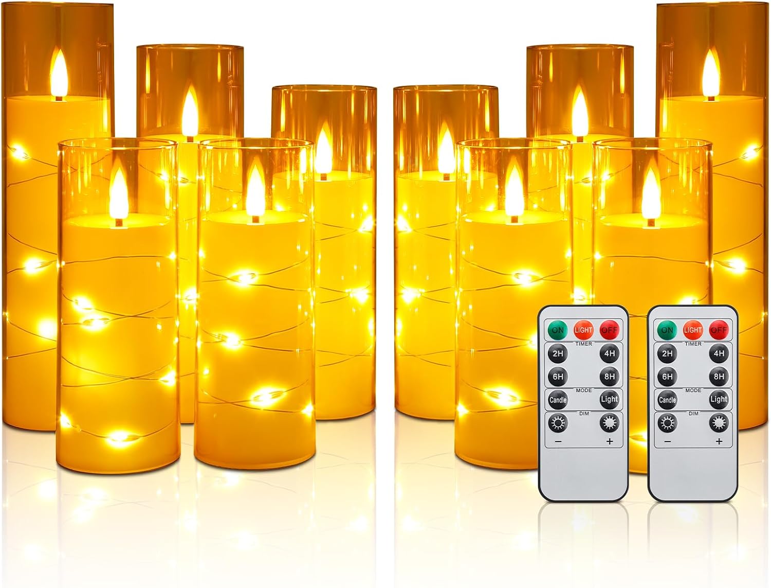  10 Pc Flameless LED Candles with Remote & Timer, Battery Operated Acrylic Pillar Set, Flickering Electric Lights with Embedded Star String for Cozy Home & Holiday Romantic Decor (Matte Gold)