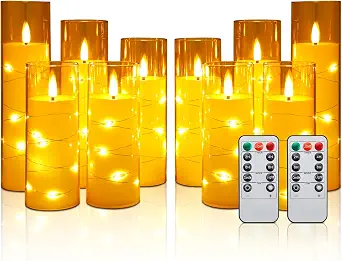  10 Pc Flameless LED Candles with Remote & Timer, Battery Operated Acrylic Pillar Set, Flickering Electric Lights with Embedded Star String for Cozy Home & Holiday Romantic Decor (Matte Gold)