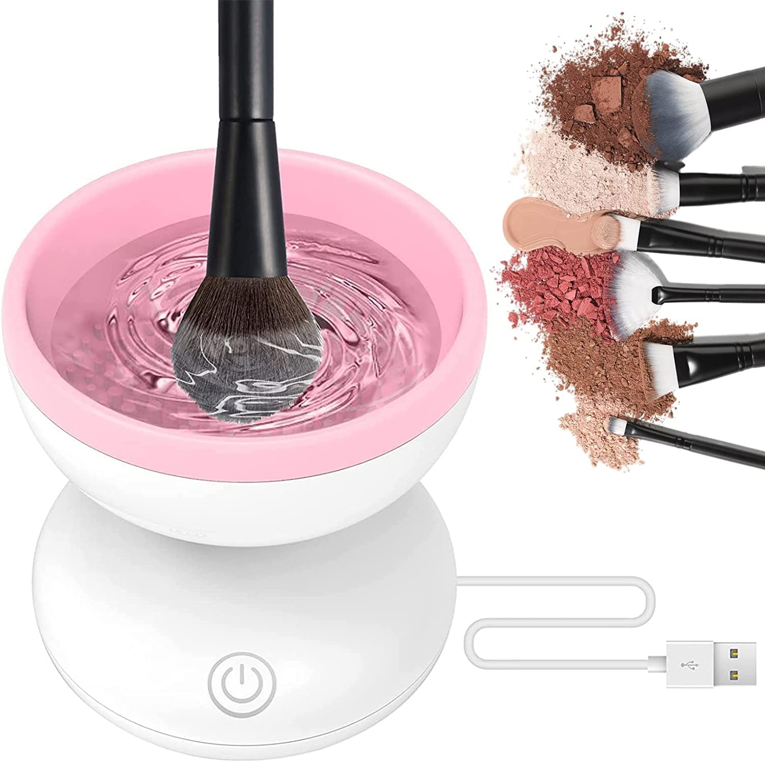 Seadra Electric Makeup Brush Cleaner with Drying Rack, 2 In 1 Wash&Dry Makeup Brush Cleaner Machine Fit for All Size Brush Automatic Spinner Machine, Makeup Brush Beauty Blender Cleaner (White+Pink)
