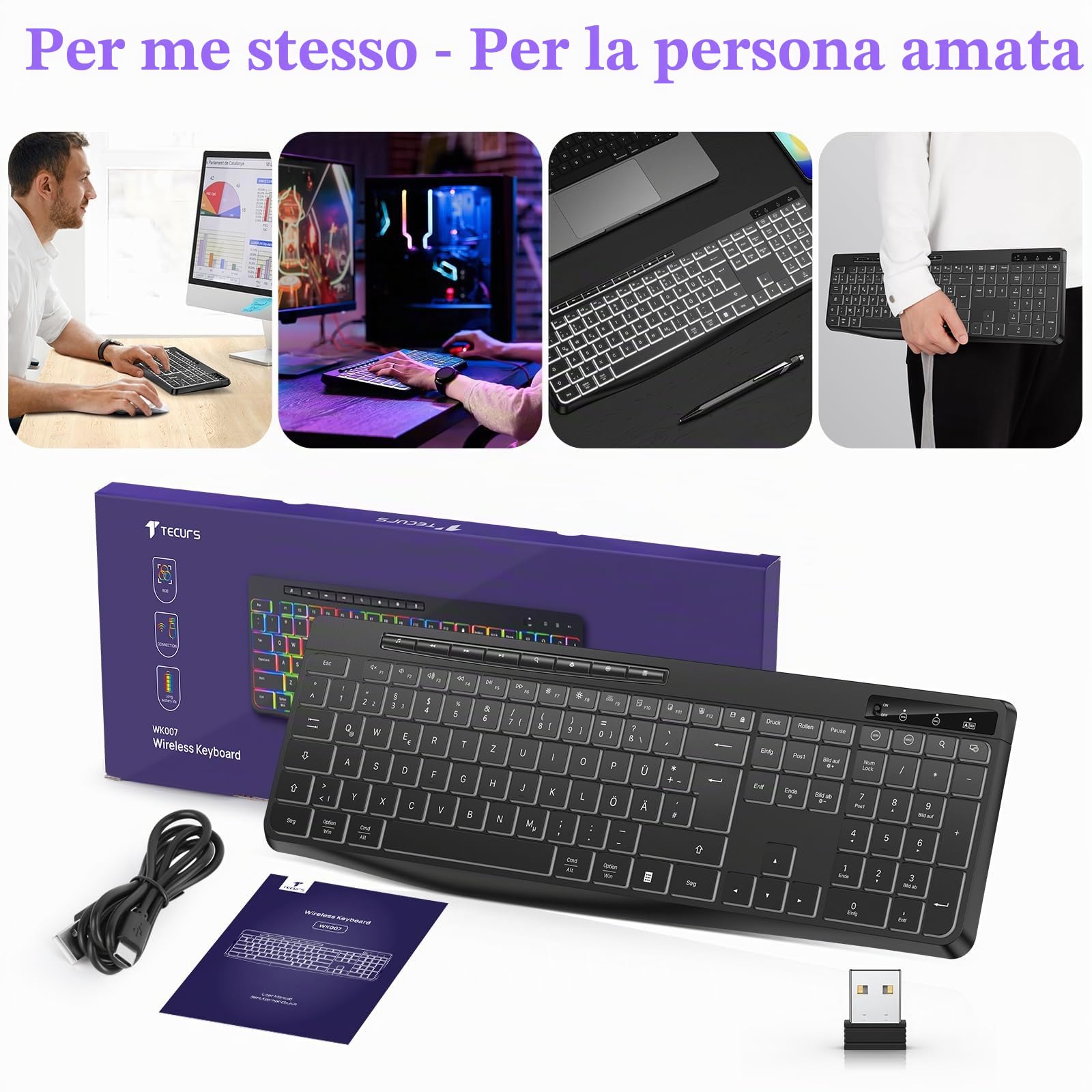 TECURS Tastiera senza fili per gaming PC, tastiera silenziosa, QWERTZ, bianca, illuminata, ergonomica, impermeabile, 2,4 GHz, tastiera a LED per Windows/Mac/PS4/Xbox con tasti multimediali, colore