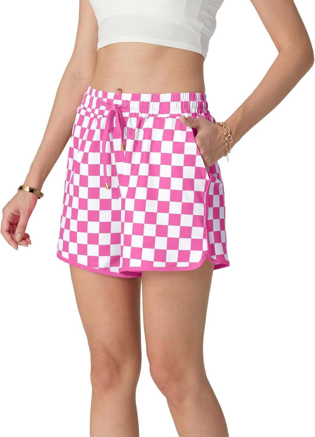 IWOLLENCE Women's Checkered Shorts Elastic Waist with Drawstring Plaid Short Pants Beach Summer with Pockets - Image 4