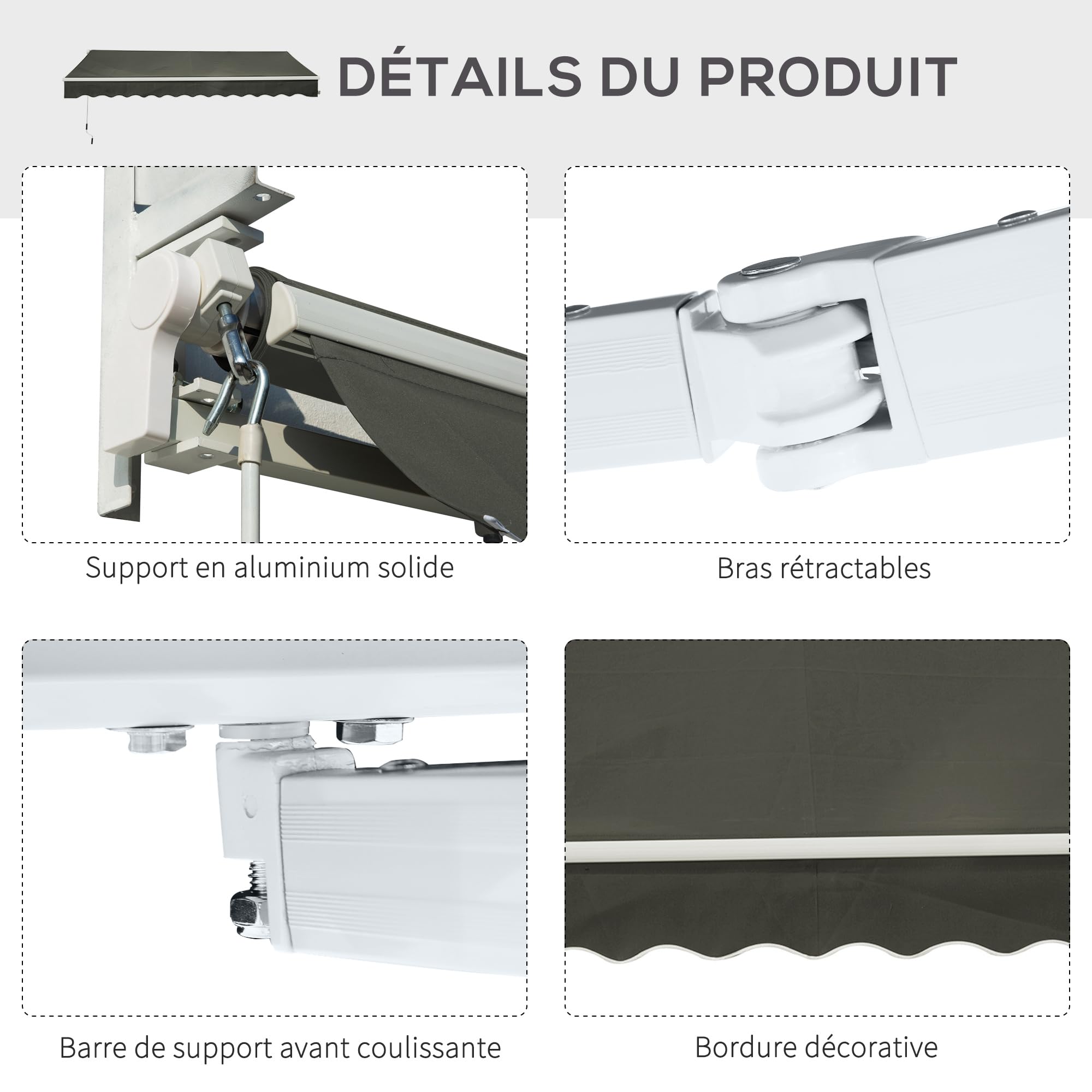 Outsunny Store Banne Manuel Rétractable Angle Réglable 3,5 x 2,5 m Gris