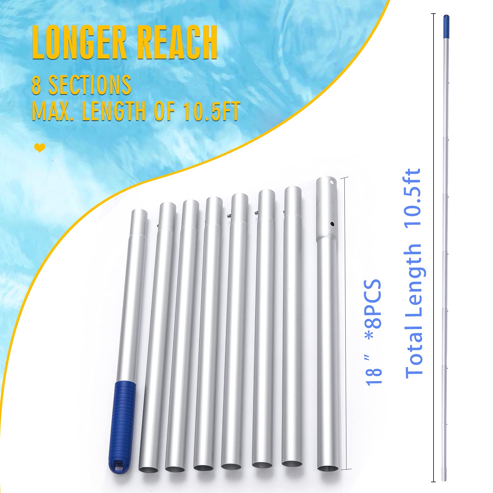 urchindj 10.5ft Sturdy Aluminum Telescopic Swimming Pool Pole, 8