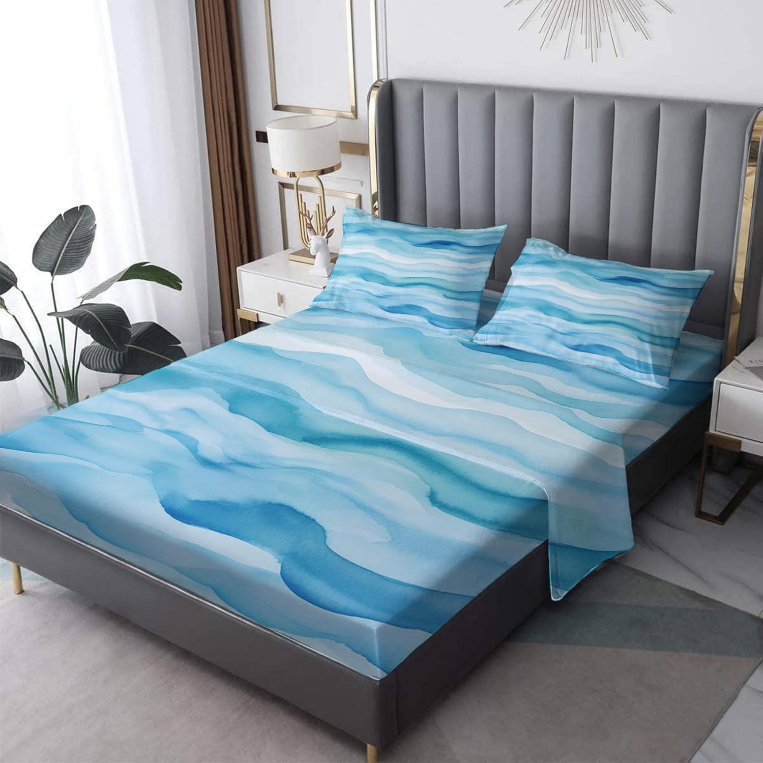 NOGAWA Abstract Wave Sheets Twin XL Size, Coastal Blue Bed Sheets, Patterned Bedding Sheets & Pillowcases 3 Piece Set - Soft Microfiber Deep Pocket Fitted Sheet & Flat Sheet & Pillow Case