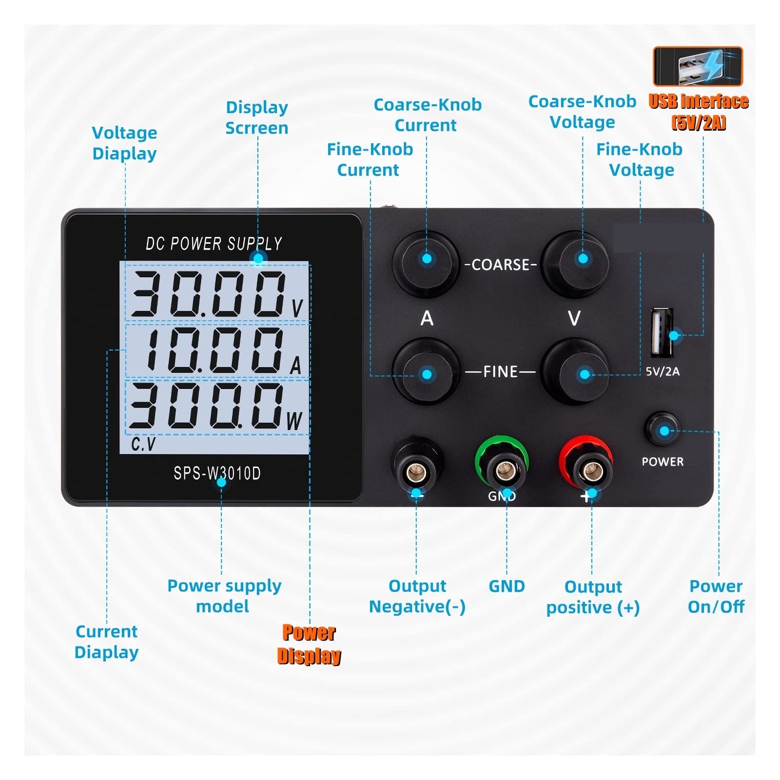 Labornetzteil Einstellbares DC-Netzteil 30 V 10 A LCD-Bildschirm schützt Augen USB-Digital-Laborbank-Spannungsreglerschalter(SPS-W1203D Black)