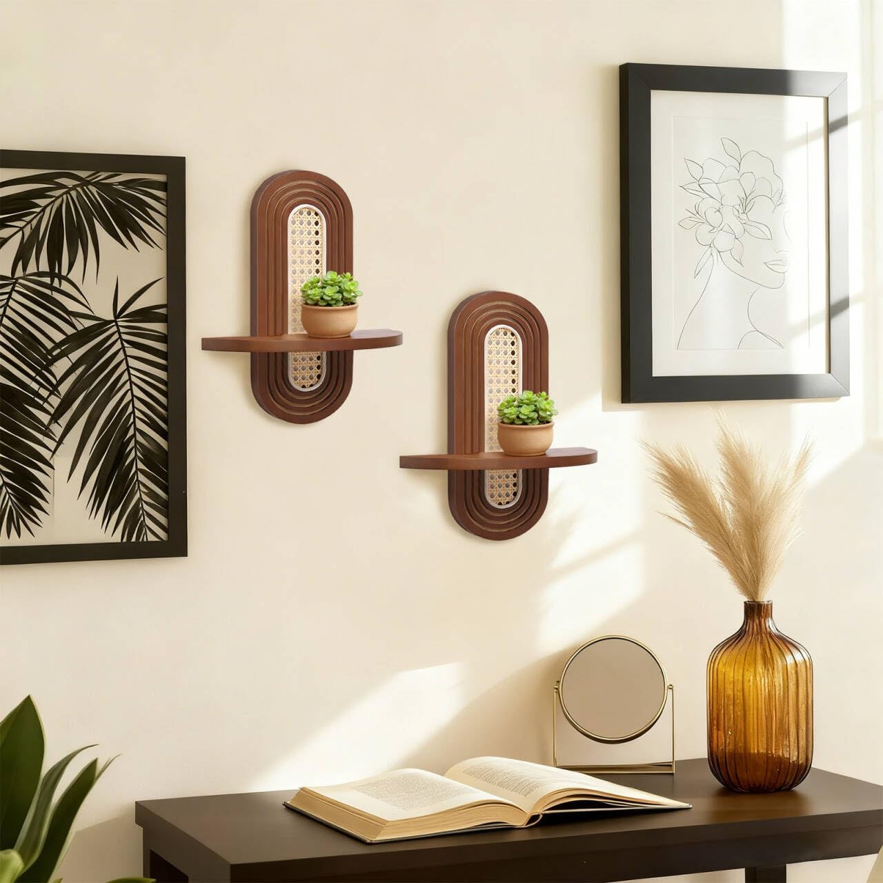 Floating Shelves for Wall, Set of 2 Arched Boho Plant Shelf with Rattan Woven Wall Decor, Solid Wood Wall Mounted Decorative Shelf for Living Room Bedroom & Plant Wall Decor, Walnut Finish