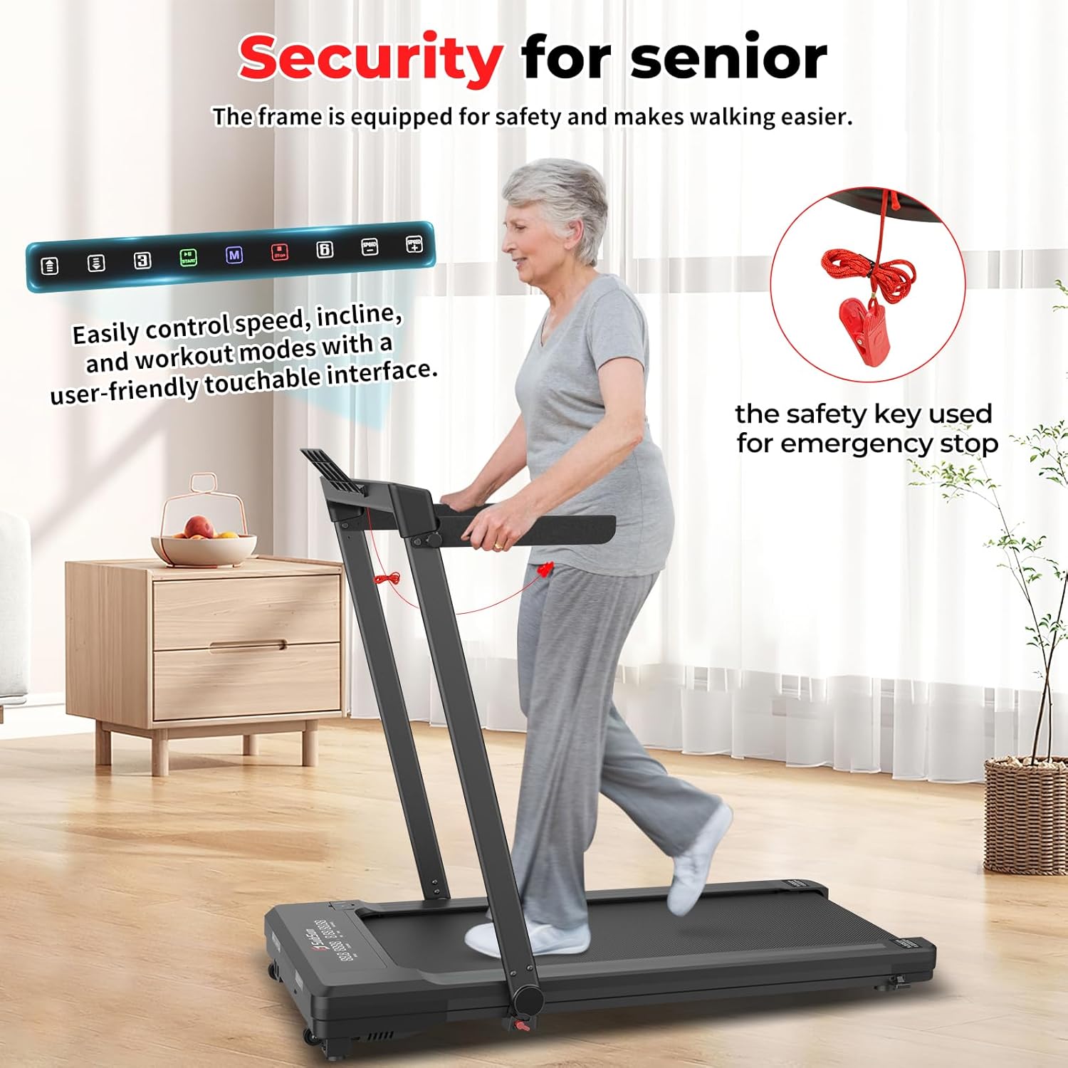 Safety key for emergency stop and user-friendly console for seniors