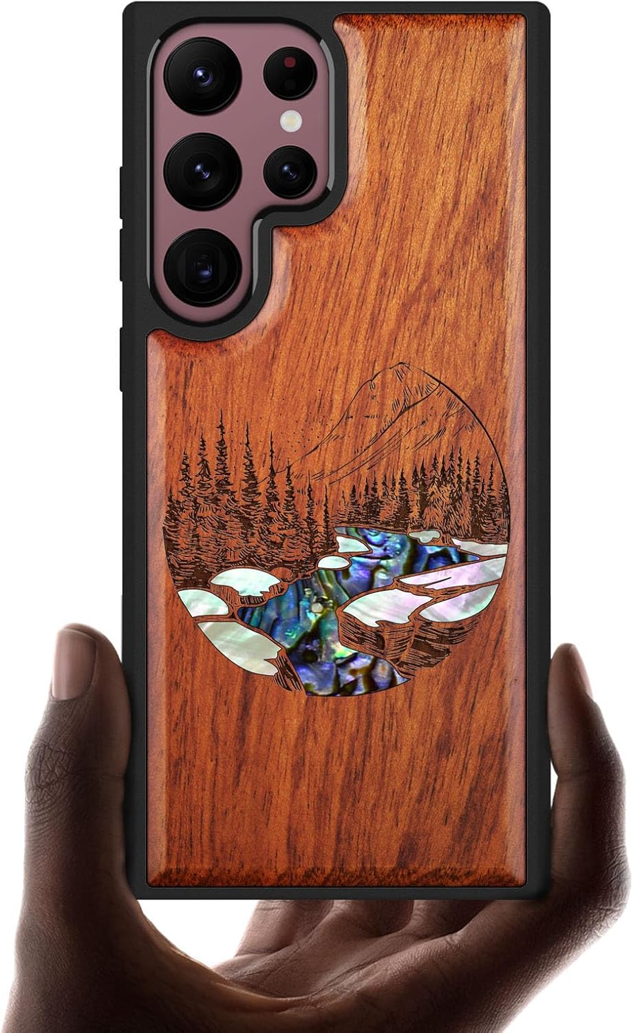 Carveit Designer Wooden Cover for Samsung Galaxy S22 Ultra Case [Wood Engraving & Shell Inlay] Compatible with Wireless Chargers Galaxy S22 Ultra (Natural Landscape-Rosy)