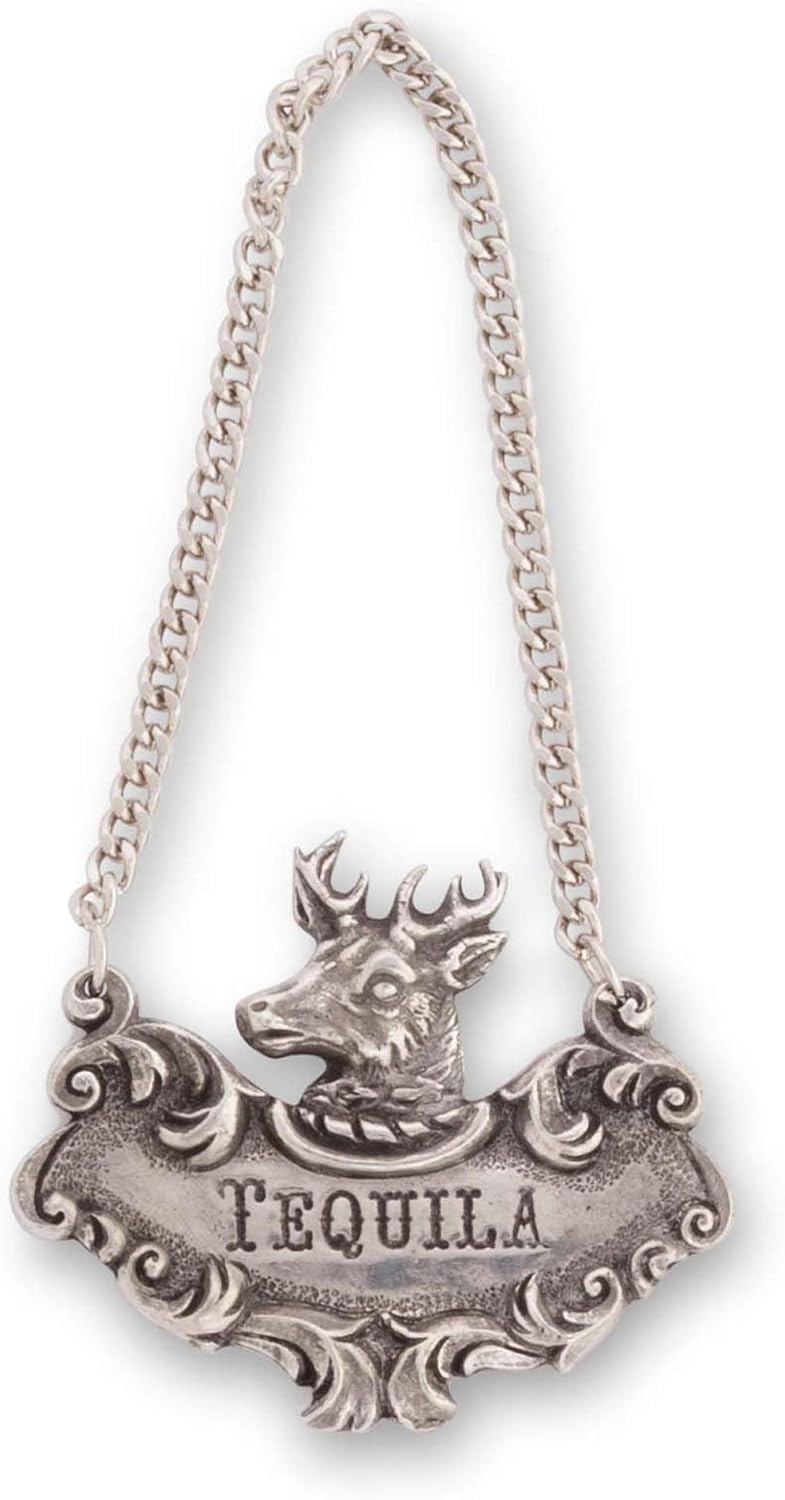 Vagabond House Pewter Tequila Elk Decanter Tag/Liquor Bottle Label Handcrafted Quality Detail Engraved - Gift Box 2.5 inch Wide