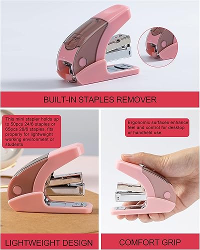 Miniatura 5 de PAPERPAL Juego de mini grapadora sin esfuerzo, capacidad de 20 hojas, removedor integrado y almacenamiento de grapas, tiene capacidad para grapas de