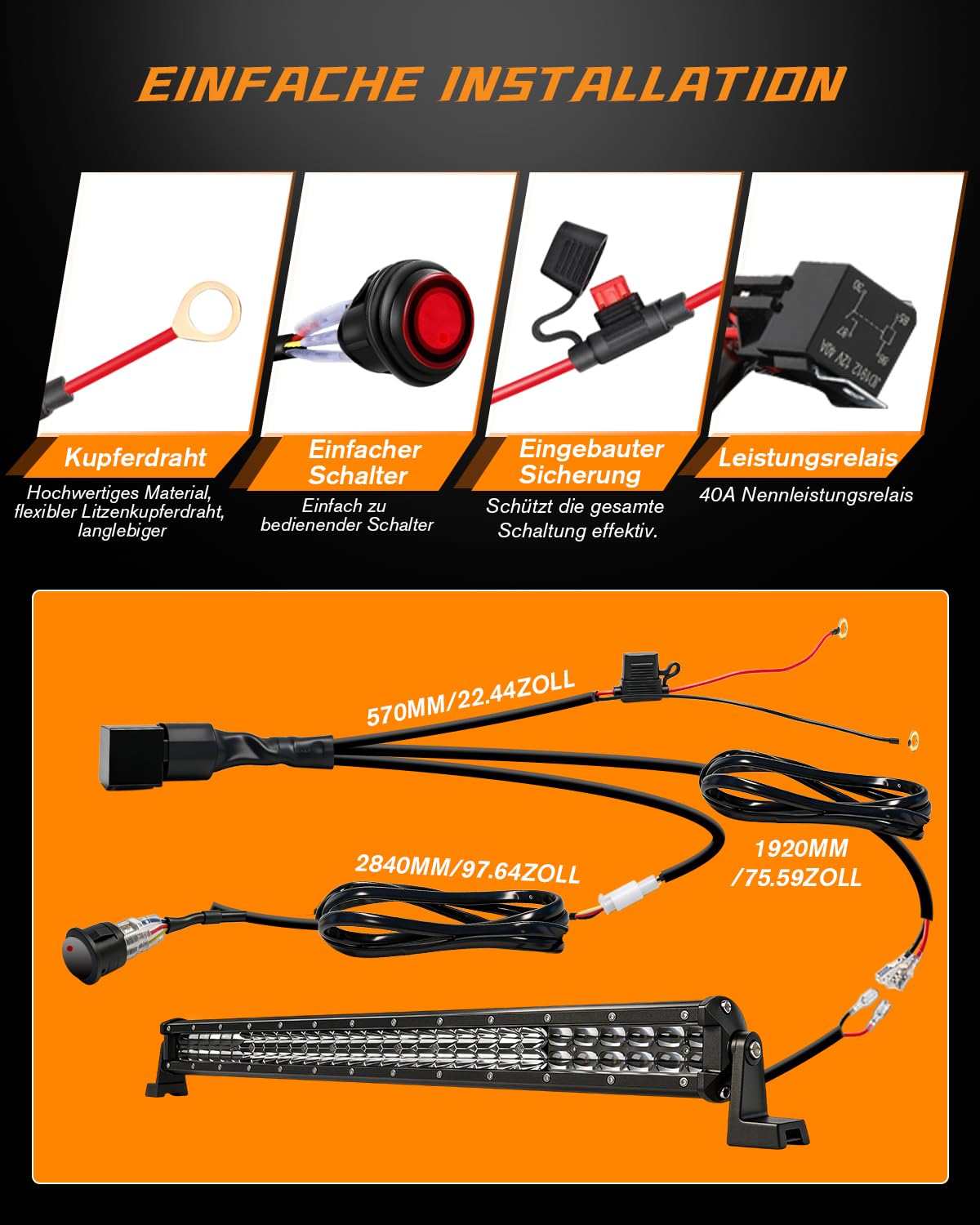 CO LIGHT 20 Zoll Light Bar Auto 55W 25000LM LED Balken Auto E-Geprüft Flutlichtstrahl Spotstrahl Kombiniertes Licht Für 4x4 LKW Auto ATV Buggy Traktor Wiring Harness Kit