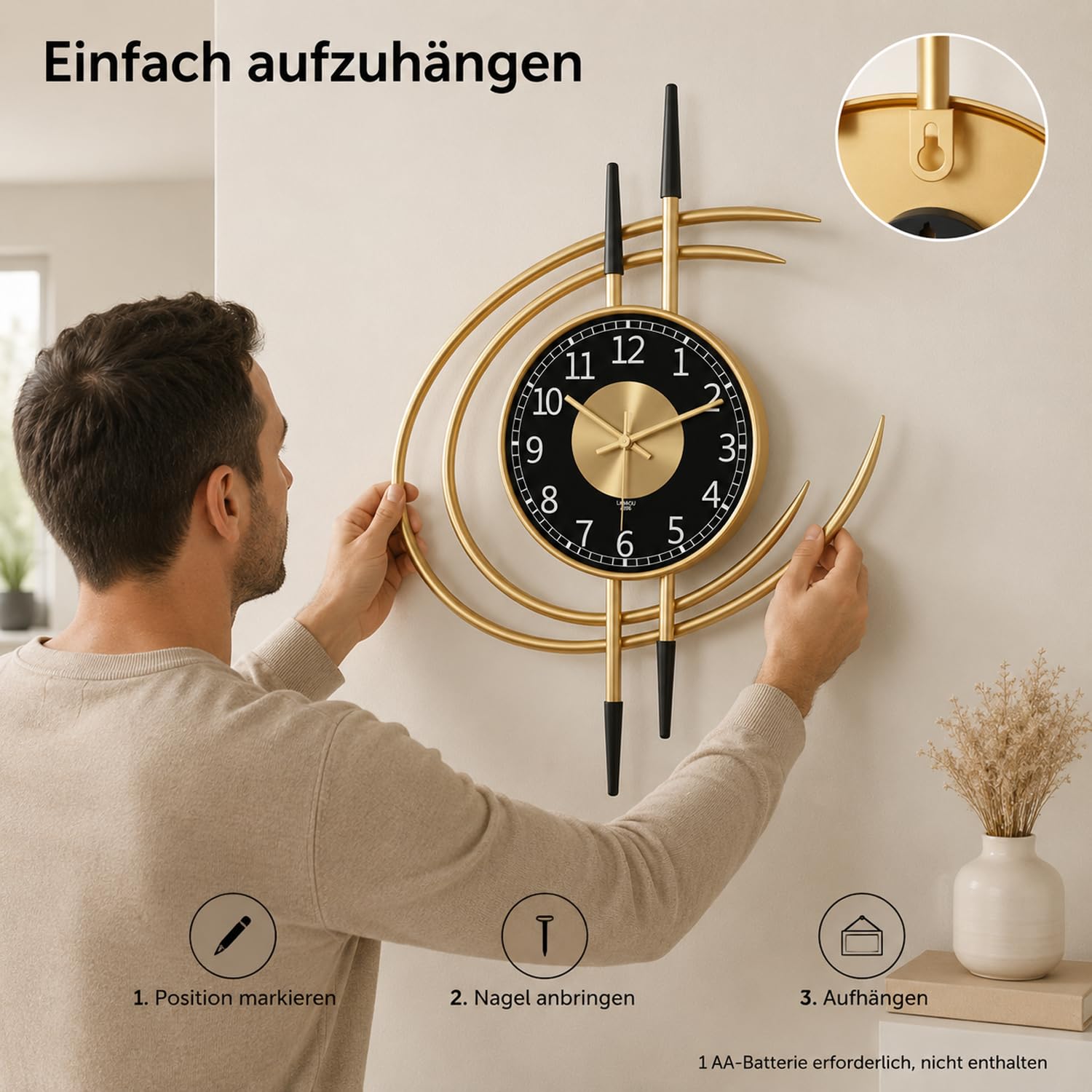 LANMOU Wanduhr Groß Modern 54cm, Gold Schwarz Metall wohnzimmeruhr Deko | Uhr Wand ohne Tickgeräusche, Lautloses Quarzwerk sorgt beim Lesen fuer Ruhe, edle Form, Batterieeinsatz, einfache Aufhaengung