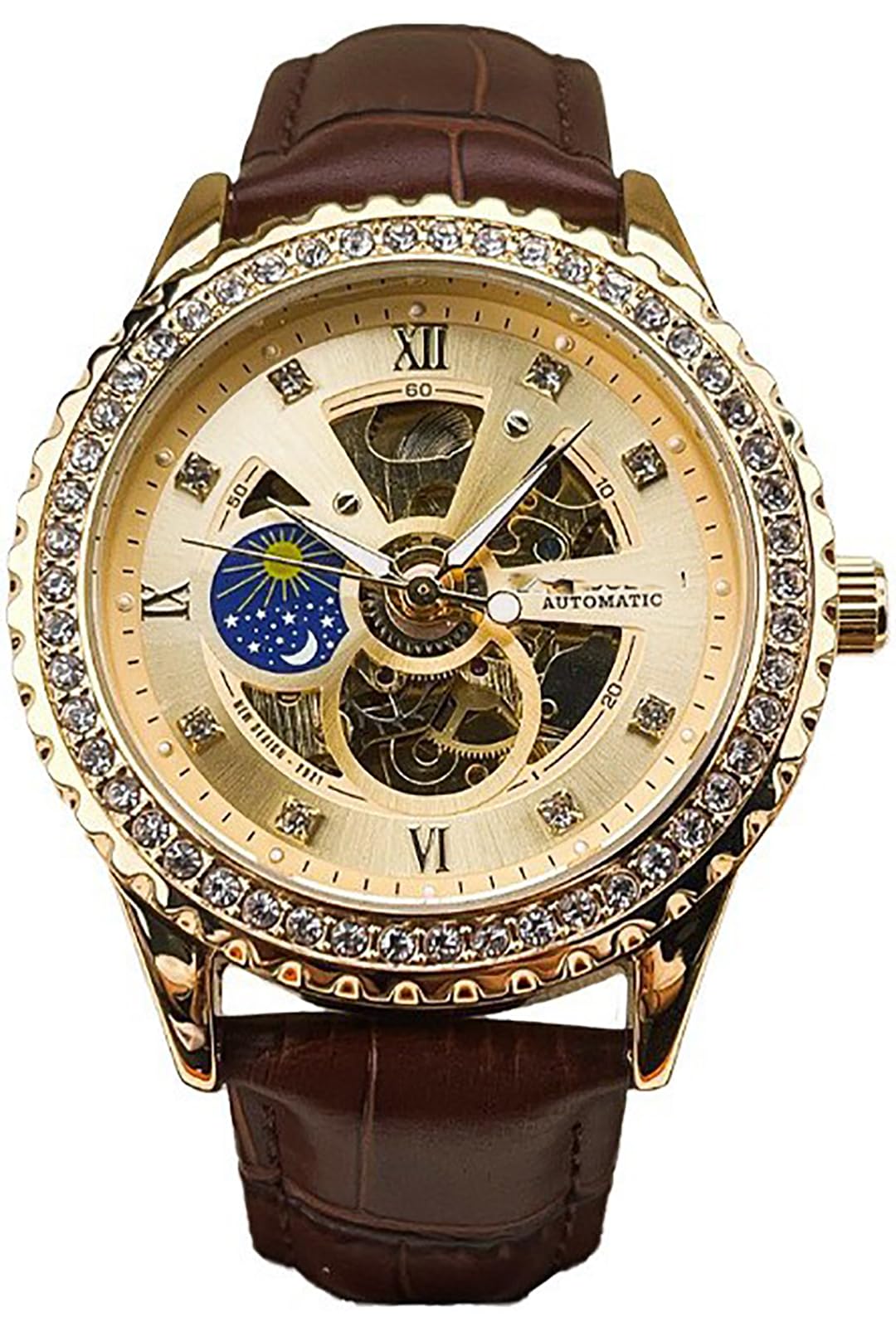 Luxuriöse goldene automatische mechanische Armbanduhr für Herren, Mondphasen-Skelett-Zifferblatt mit Tourbillon-Diamant-Markern und Lünette, selbstaufziehende Armbanduhr