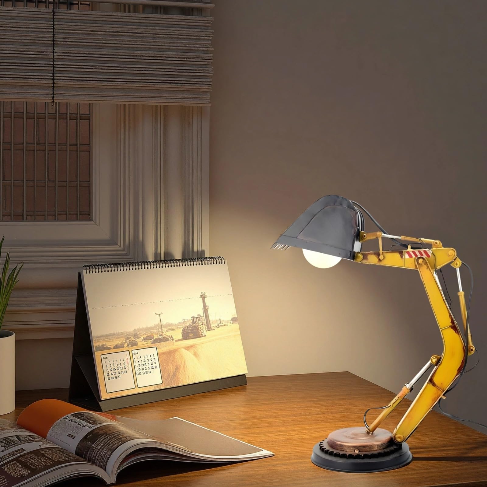Bagger Schreibtischlampe, Retro Industrie Bagger Tischlampe mit verstellbarem Arm, LED Beleuchtung, 7.9 in/20cm Gelb Harz Konstruktion LKW Lampe für Jüngere Junge Zimmer