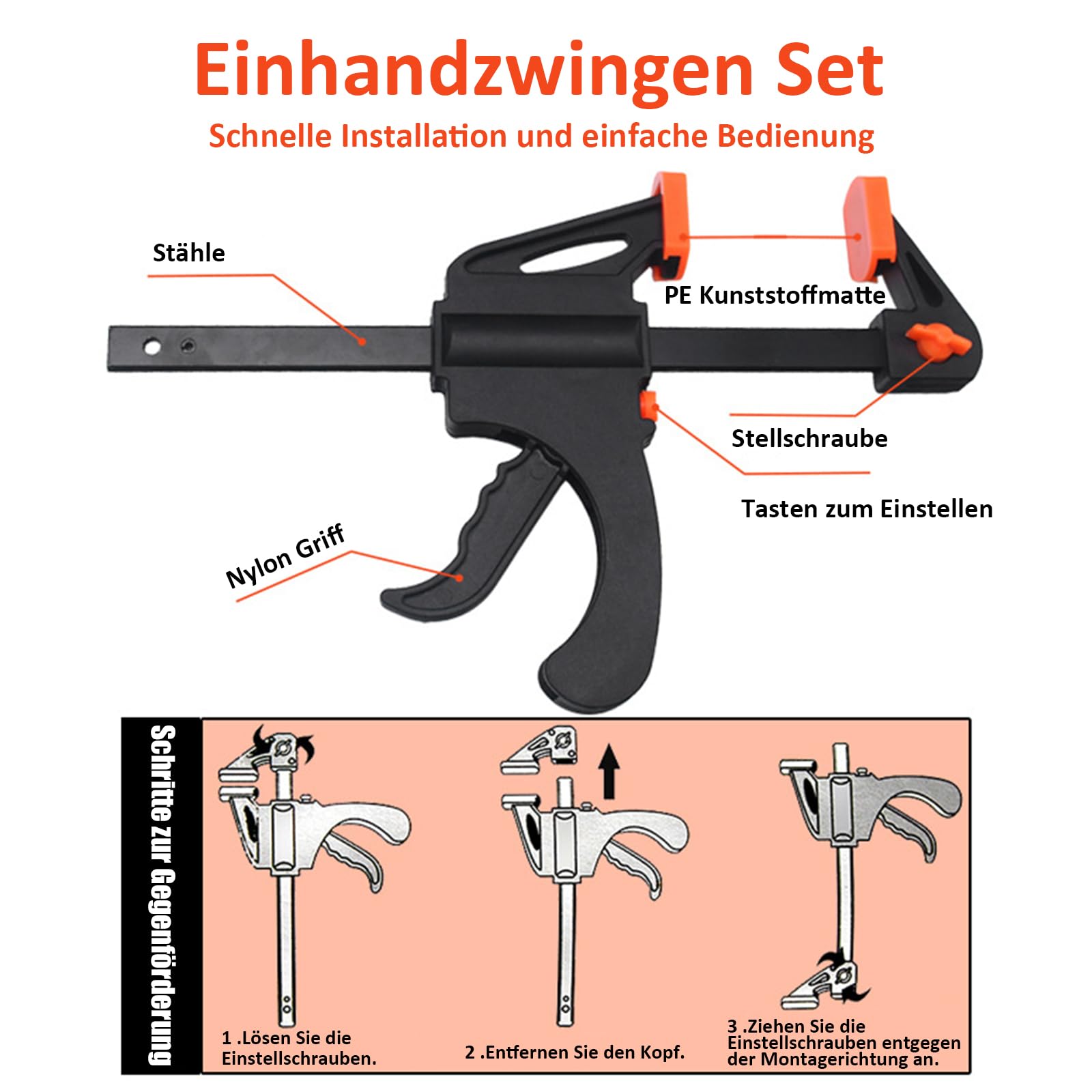 Schraubzwingen Set Profi Einhandzwingen 2 Stück, Spannweite 150mm, Dehnbereich bis zu 290mm Spannkraft 50kg, Maultiefe 62mm, aus Stahl und Nylon für präzises Fixieren