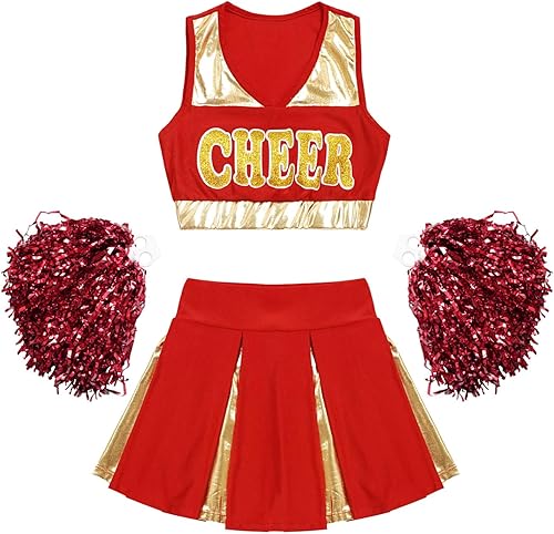 Miniatura 6 de FEESHOW Disfraz de líder de animadora para niñas, uniforme de animadora, camiseta sin mangas con falda plisada