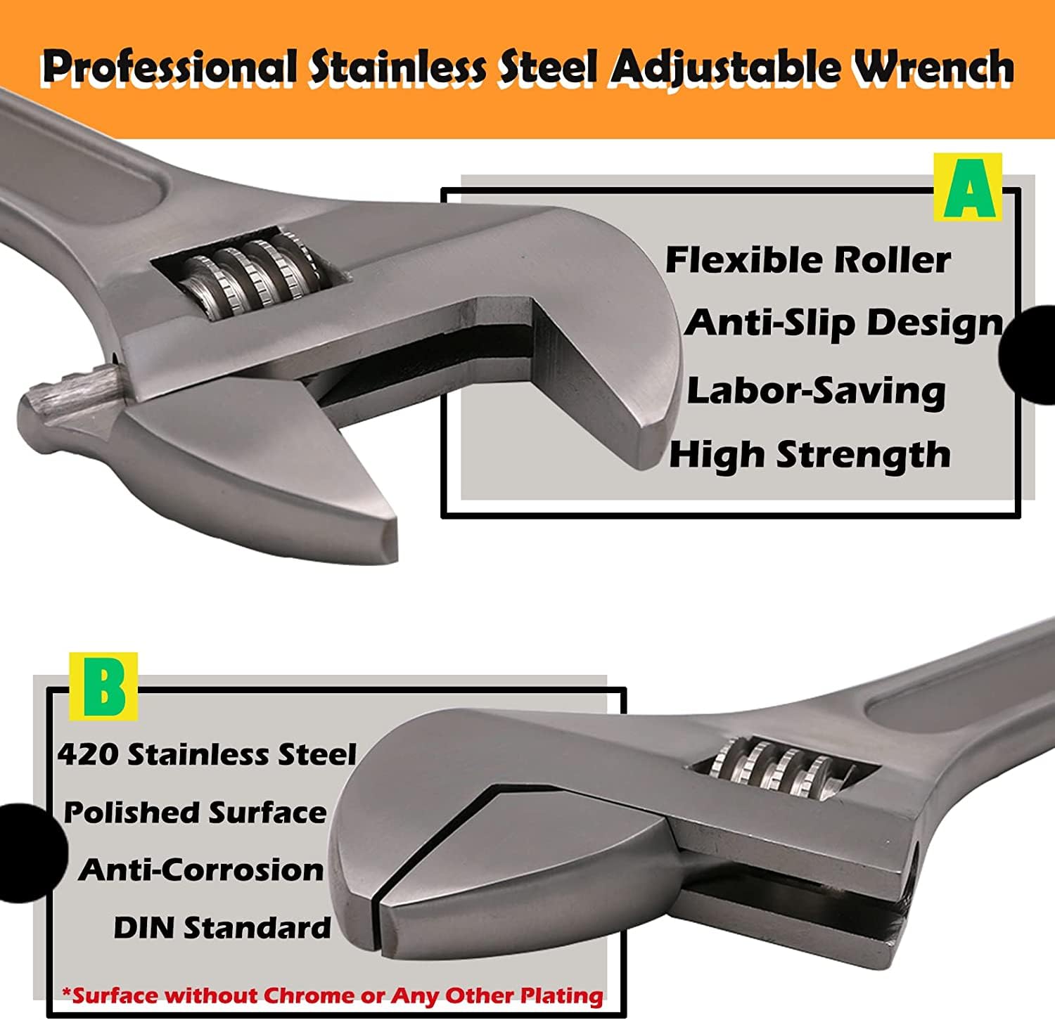 WEDO Set di 3 chiavi inglesi in acciaio inox, chiave regolabile, anticorrosione, standard DIN, resistenti alla ruggine, durevoli (lunghezza 100 mm, 150 mm, 200 mm)
