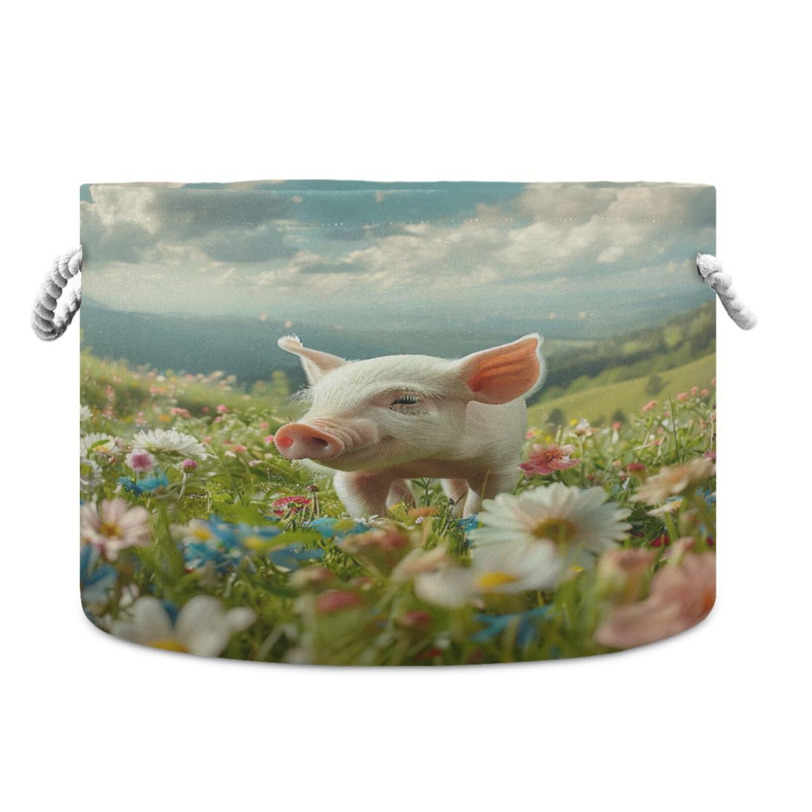 Jihqo Little Pig in Field Storage Basket Cotton Rope Baskets for Closet Fabric Laundry Baskets with Handle for Toy Home Office Room Organizer