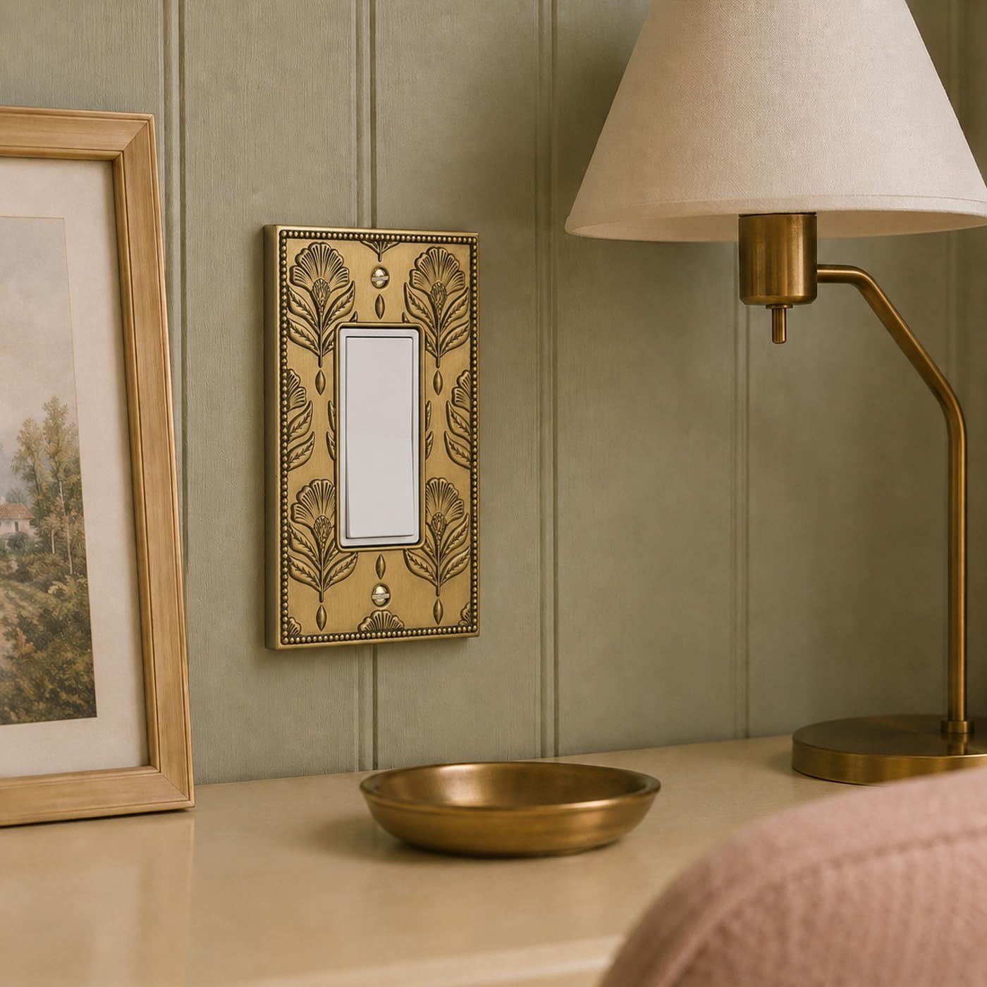 Rio Salto Gold Decorative Light Switch Cover Plate Brushed Gold Premium Metal Switch Plate Covers Outlet Covers Rocker Decorator Paddle GFCI Wall Plates — Nouveau Collection, Midsize, 3.13" x 5"