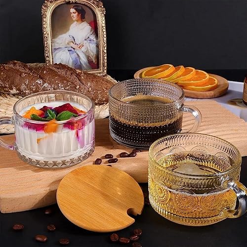 Miniatura 9 de Tazas de café en relieve de estilo retro clásico vintage, 4 con tapas de bambú y cucharas de acero inoxidable doradas, capuchino, té, fruta, yogur,