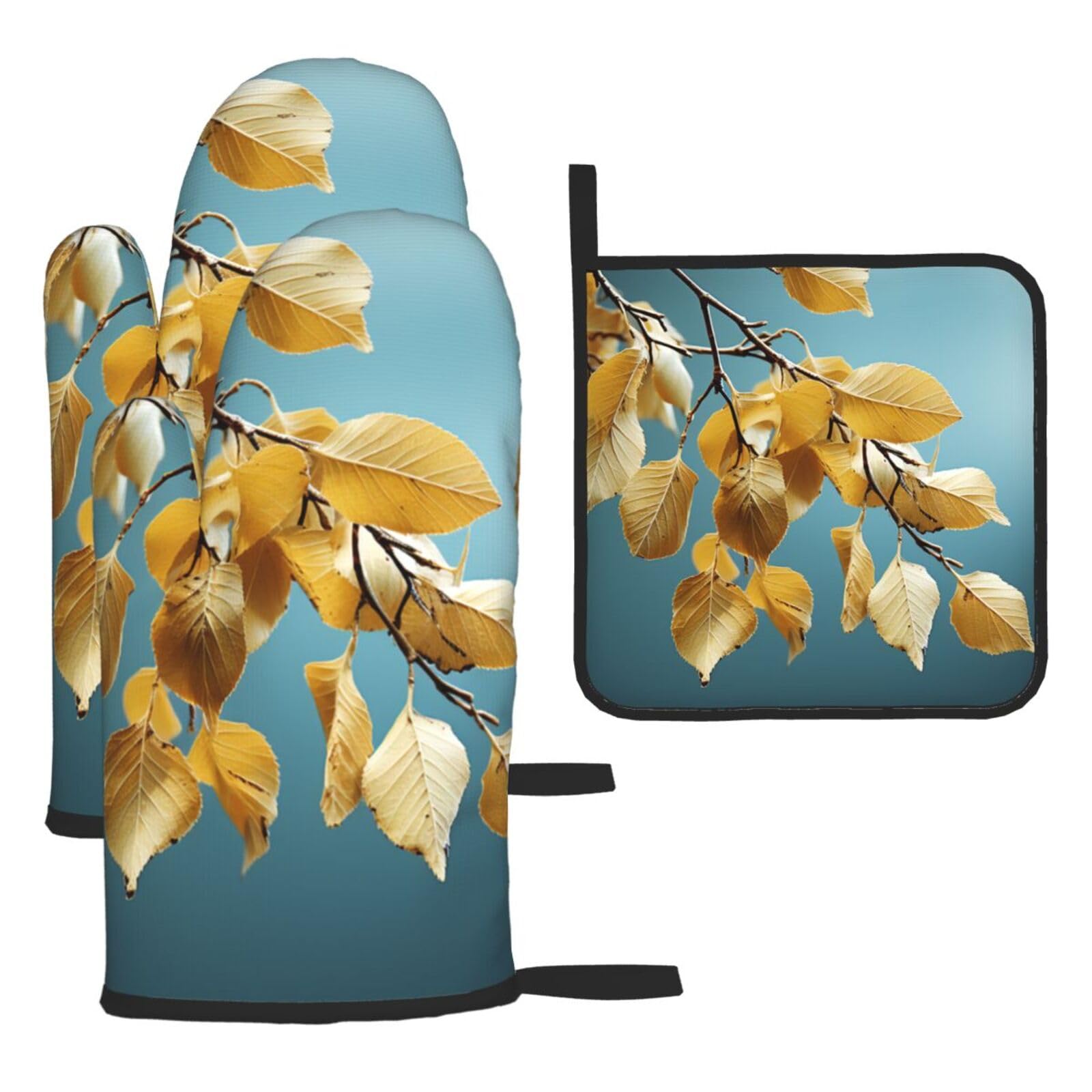 3 Piece Oven Mitts and Pot Holders Set Heat Resistant Oven Gloves and Potholders BBQ Gloves Hot Pads Birch Leaves Cooking Gloves for Kitchen Baking Grilling