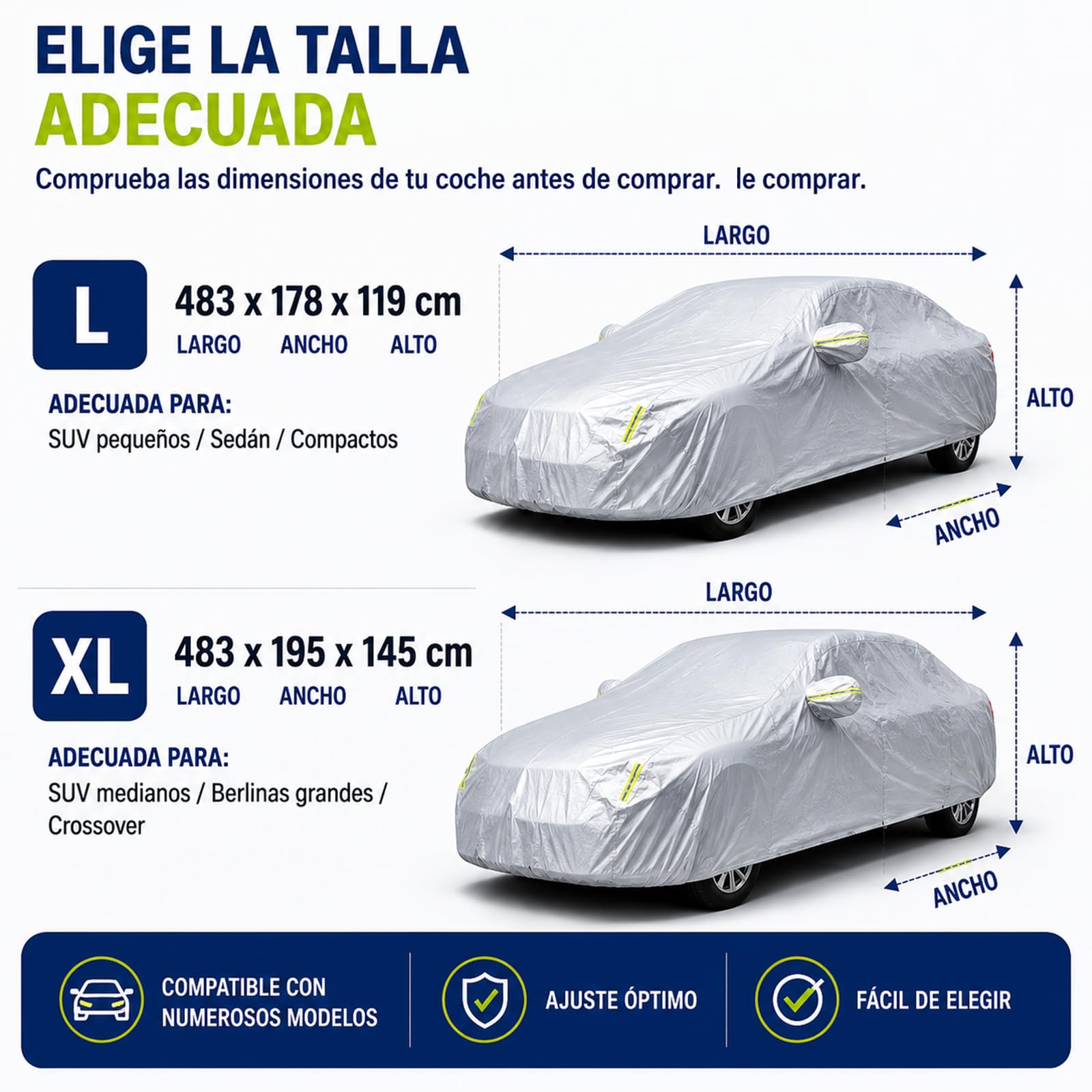 Funda de Coche【Nuevo Modelo 2026】 Universal Funda de Coche A Prueba de Polvo A Prueba de Nieve Protección UV para Hatchback Longitud Impermeable Exterior Interior （483 * 145 * 195CM）