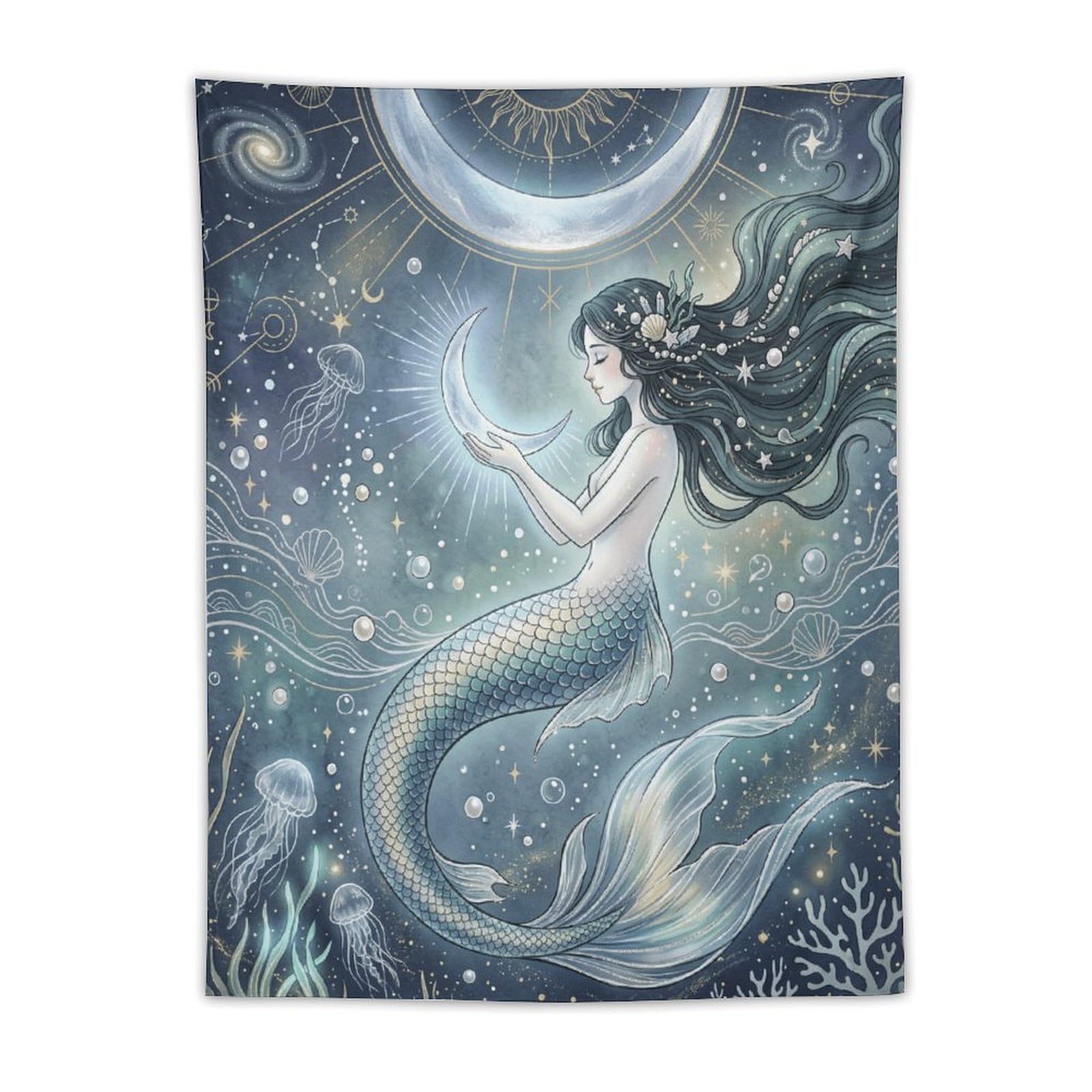 H3B8U2Y5 Moon Mermaid Coral Reef Wall Tapestry, Art Nouveau Fantasy
