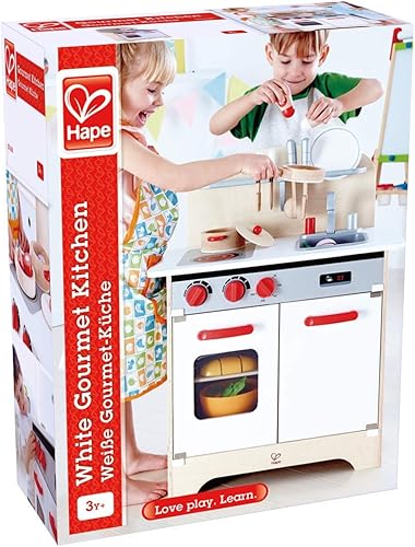 Miniatura 6 de Hape Juguete de cocina gourmet totalmente equipado de madera con fregadero, estufa, horno de hornear, gabinete, pomos giratorios y estante de
