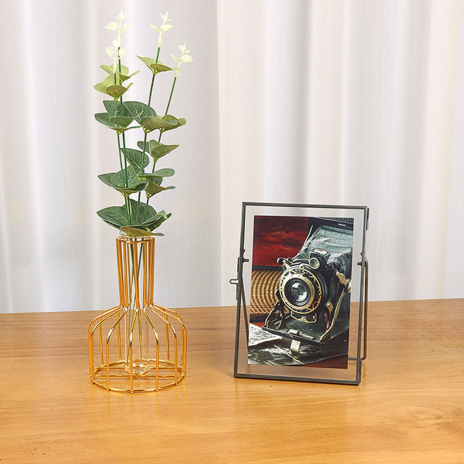 Metalowa szklana ramka na zdjęcia, nowoczesna i kreatywna minimalistyczna ozdoba na biurko, przezroczysta ramka na okaz roślin retro (9 cali (18 x 23 cm)