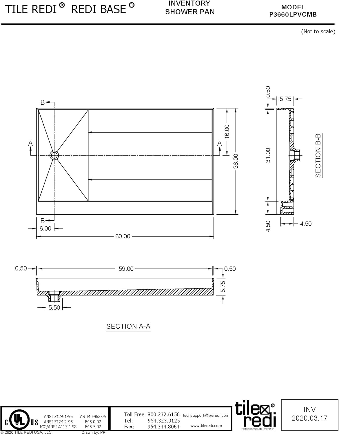 Tile Redi USA P3660LPVCMB Redi Base Shower Pan, 60" W x 36" D, Left Round Matte Black Drain Plate