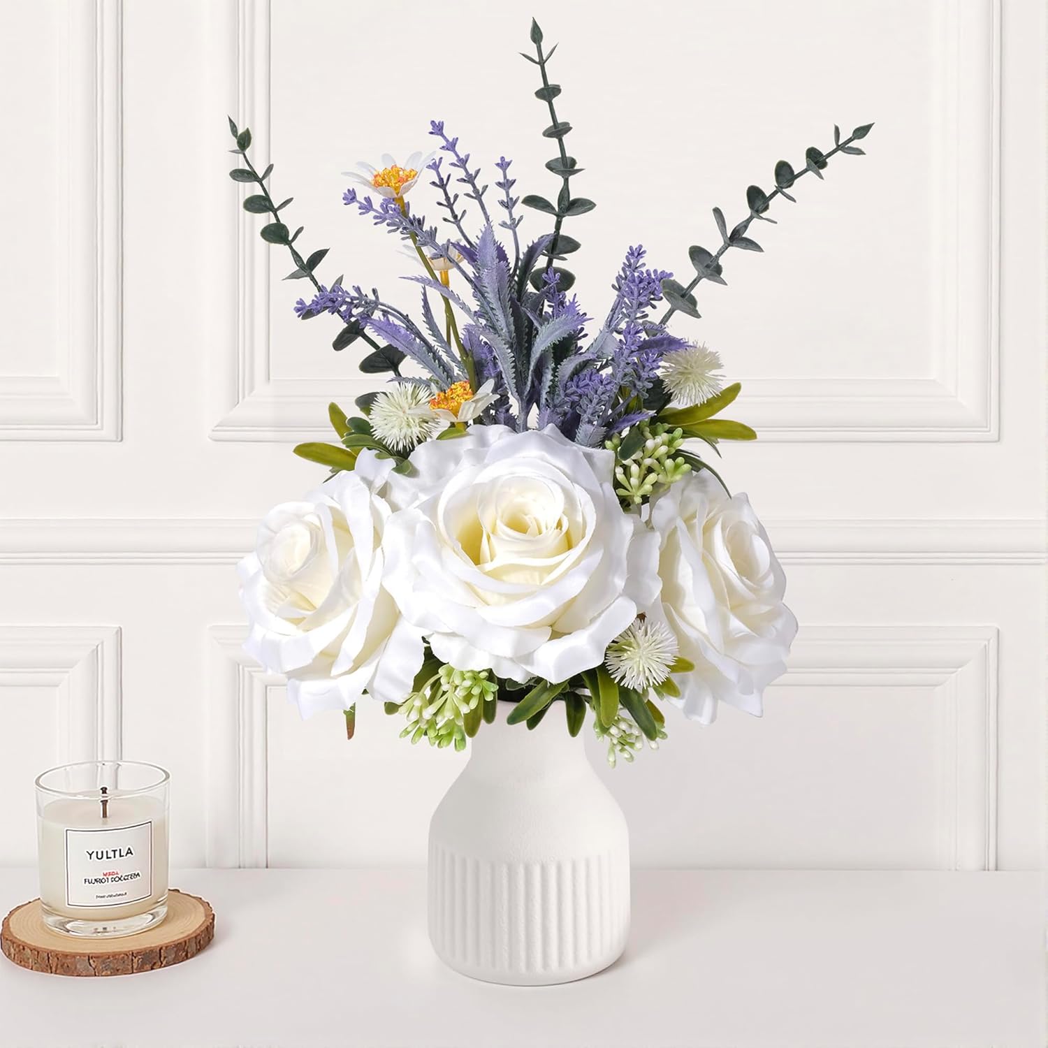 Artificial Flowers in Vase, Silk Roses Flowers Artificial Eucalyptus Lavenders Small Daisies and Fake Plants in White Ceramic Vase, Farmhouse Floral Arrangements Dining Table Centerpiece Décor