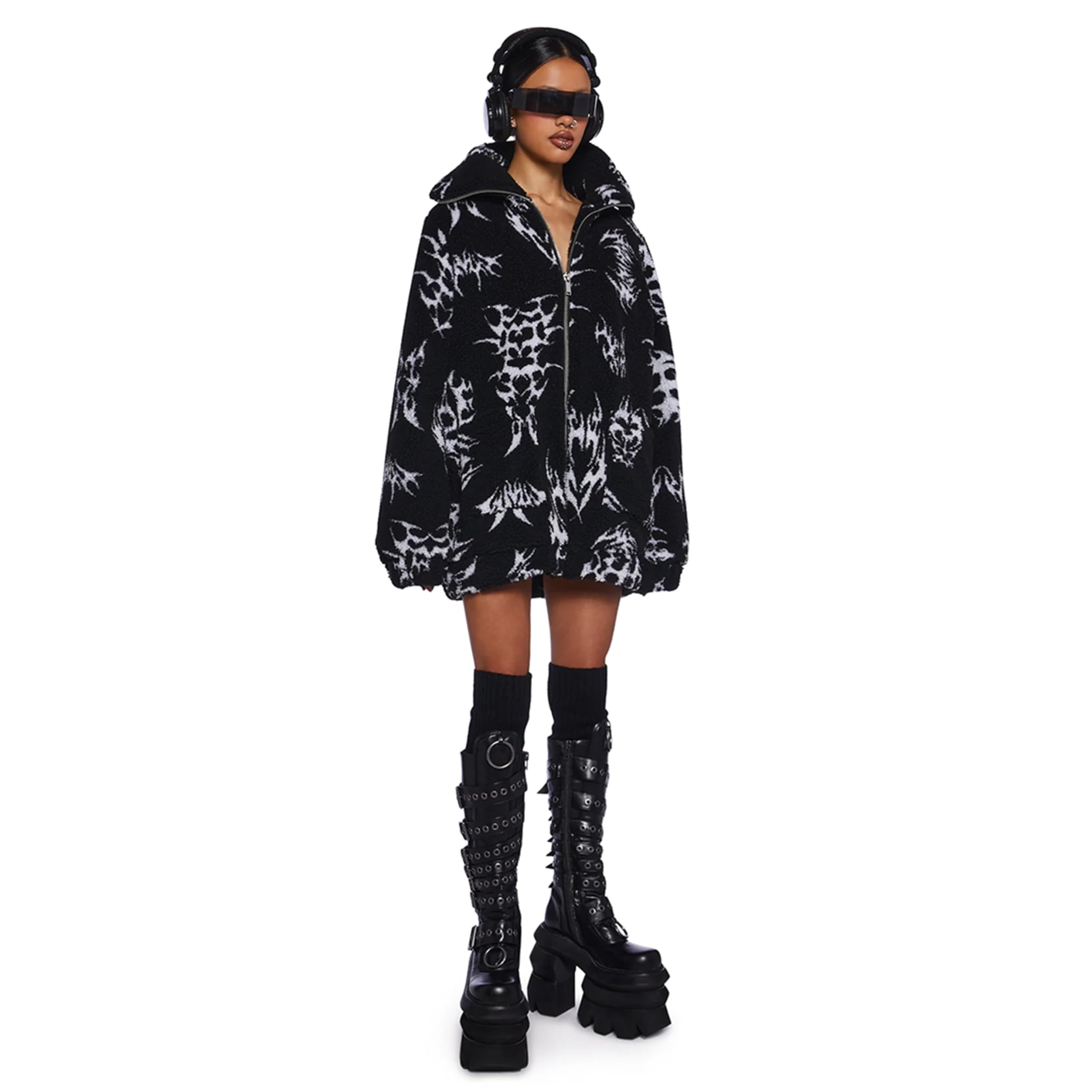 Dolls Kill Ciphered Up Sherpa Jacket by Club Exx - Oversized Symbol Print Faux Shearling Jacket - Black