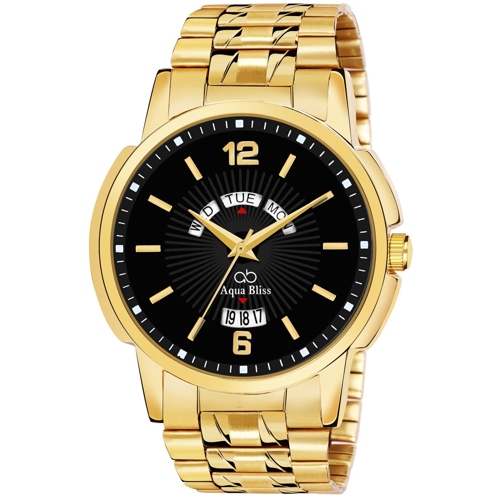 AQUA BLISS - Gold Stainless Steel Day & Date Display Analog Mens Watch (Black) (B0C14M78D1) Amazon Price History, Amazon Price Tracker