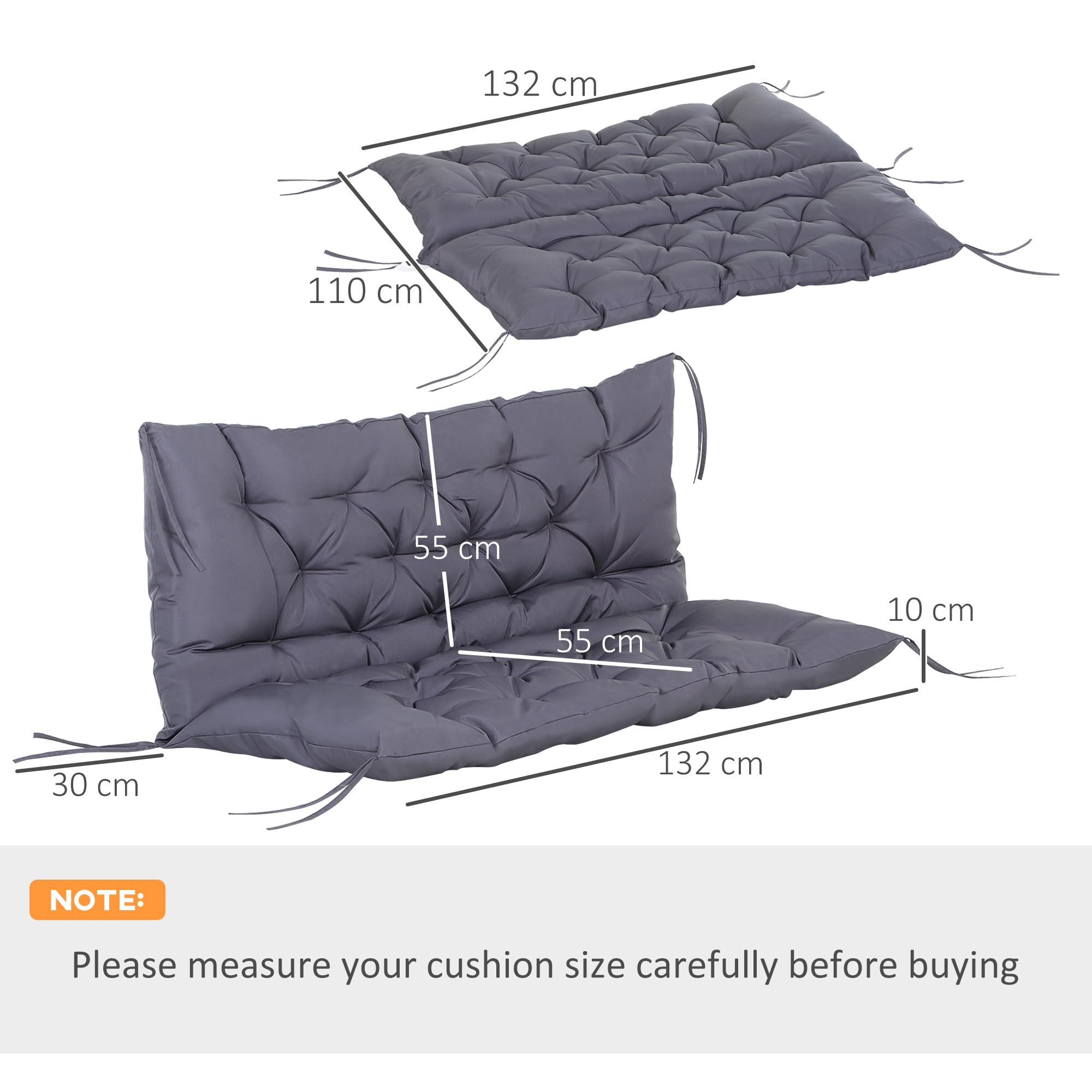 Outsunny Cuscino da Giardino 2 Posti per Sedute da Esterno con Schienale e 6 Lacci, Cuscino da Esterno Imbottito in Cotone e Poliestere, per Divani Dondoli Panche, 132x110x10 cm, Grigio Scuro